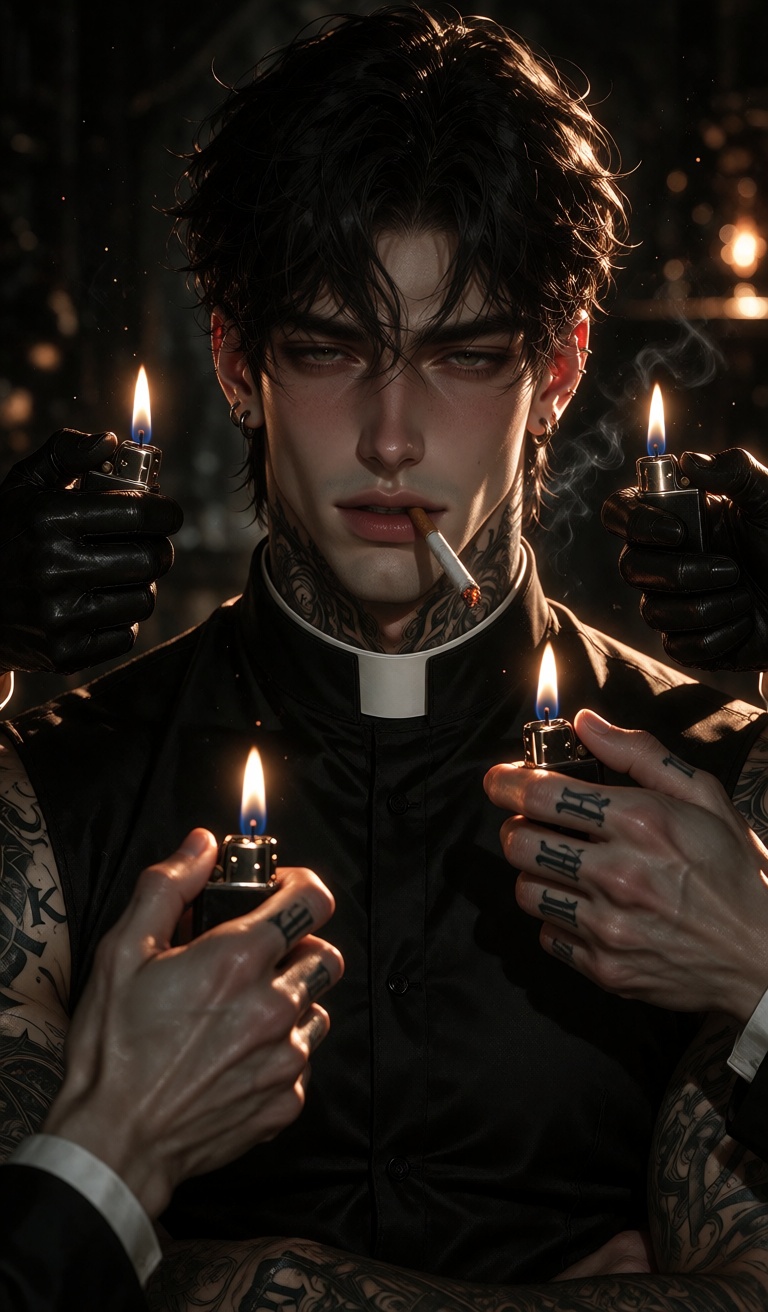 Dark gritty digital painting with clean refined rendering,  warm firelight contrast and a moody,  sacrilegious gothic mood...