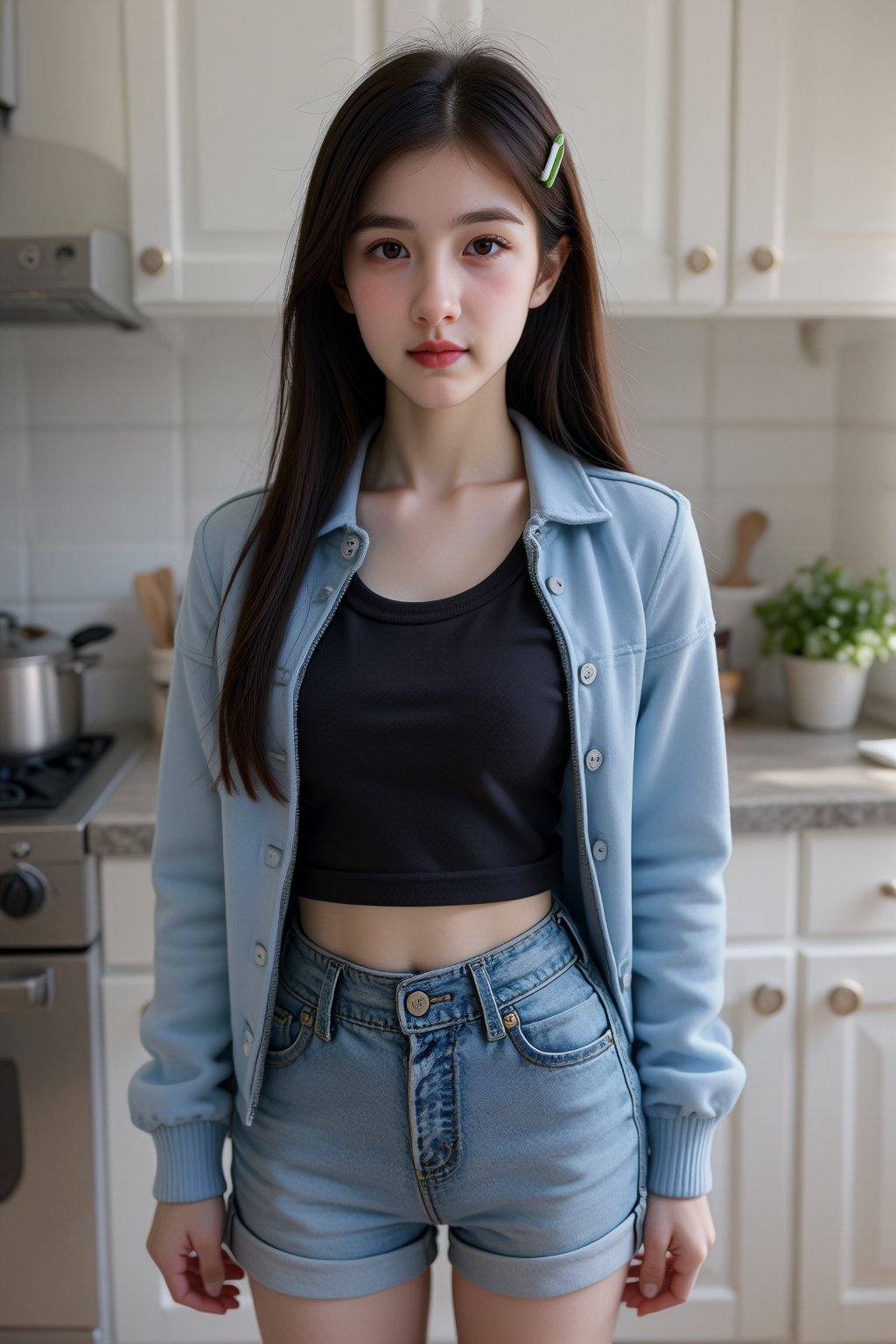 female teenager with long dark hair adorned with a green and white clip standing in a modern kitchen wearing a blue zip-up...