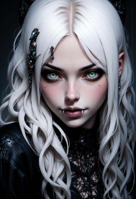 goth girl,  white hair,  vampire fangs on Tensor.Art