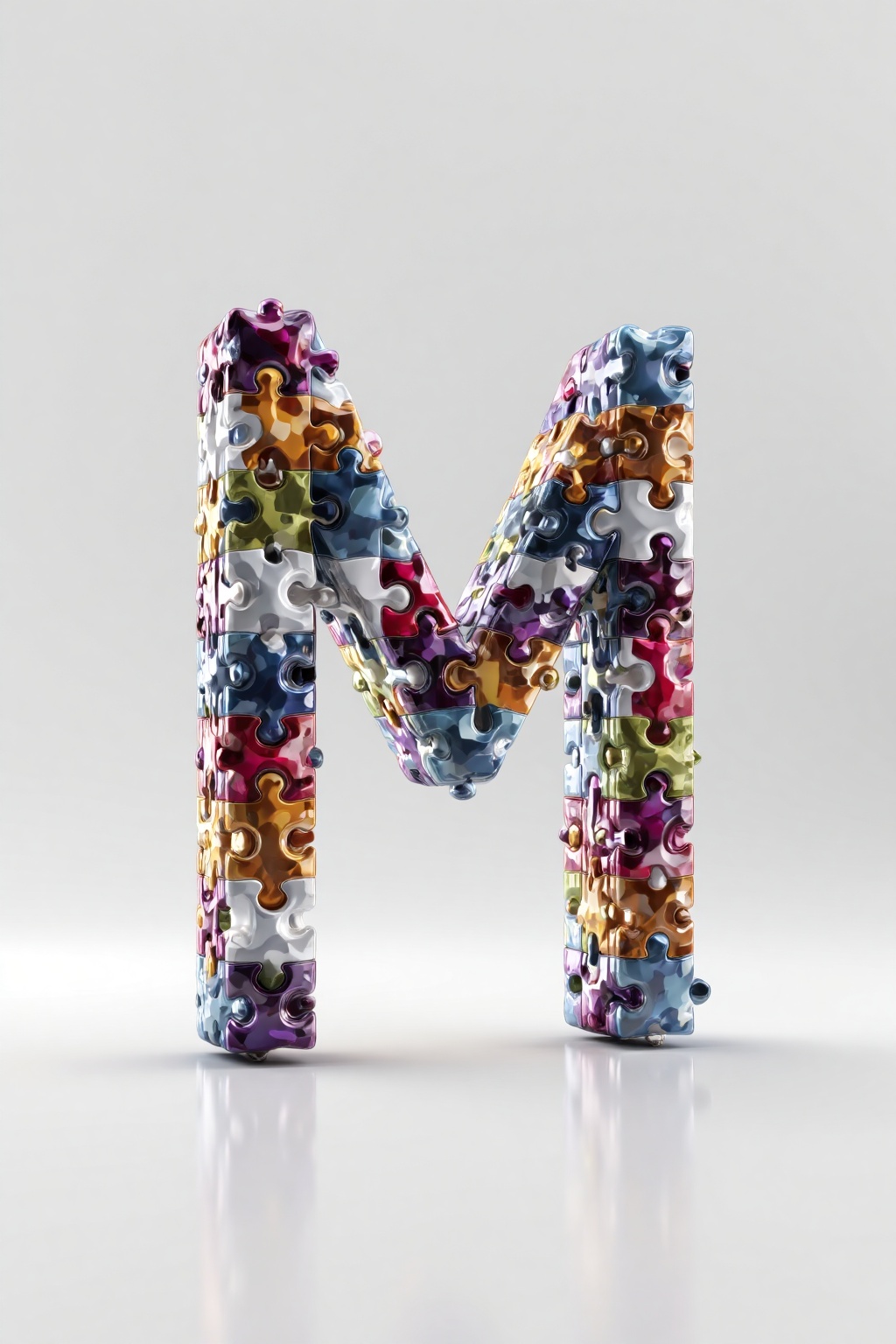 beijihui,3D icon design of letter 'M',**** of interlocking jigsaw puzzle pieces in bold primary hues with visible seams,hyperrealistic,hyperdetail,front view,studio lighting,100mm lens,white solid background,