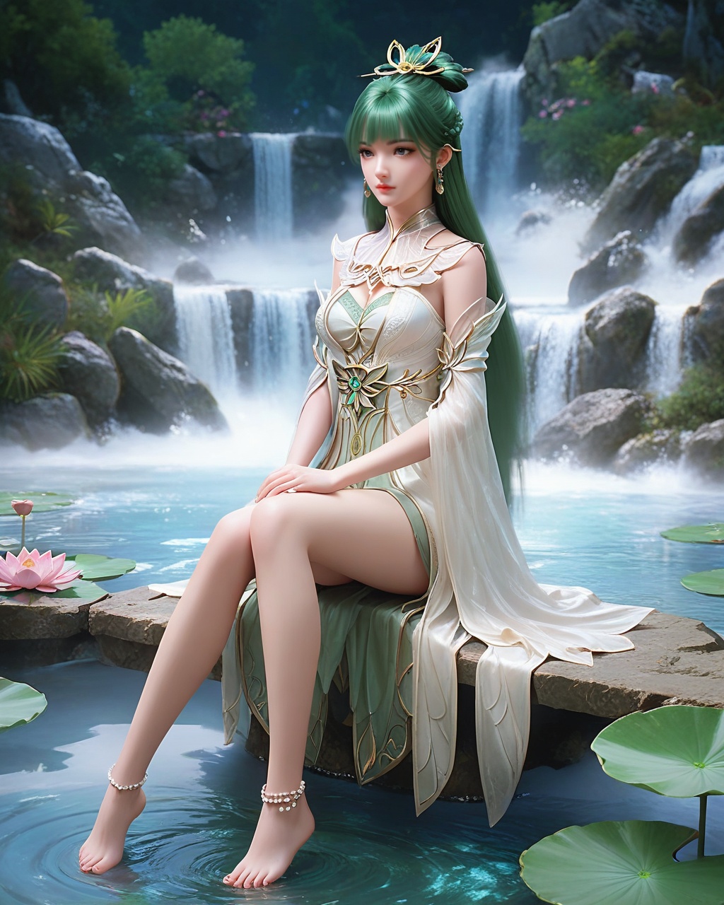score_9,score_8_up,score_7_up,1girl,long hair,breast,medium breast,earrings,hair_ornament,dress,green hair,thick_thighs,<lora:wy_fuqu_XL7.0:0.8>,barefoot,sitting,pondel,lotus,sitting on the water,