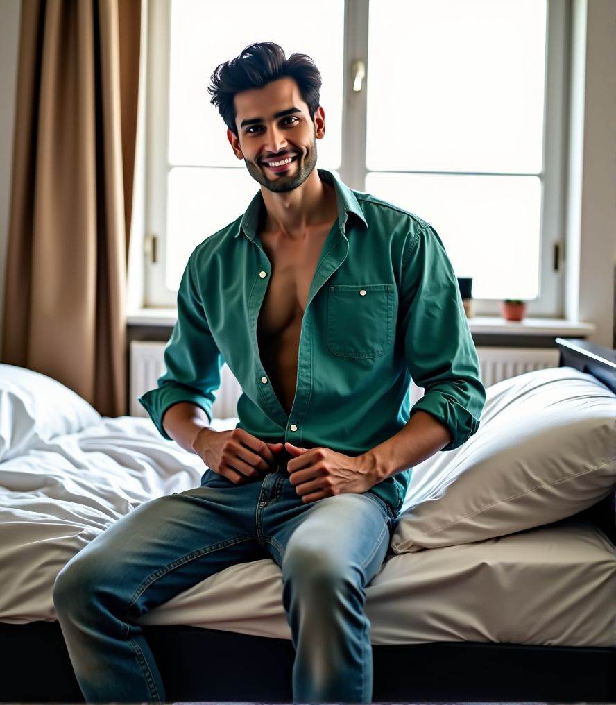 Rohit Khandelwal ,  He is unbuttoning his pink shirt,  sitting on the edge of a black Ikea bed with white sheets on Tensor...
