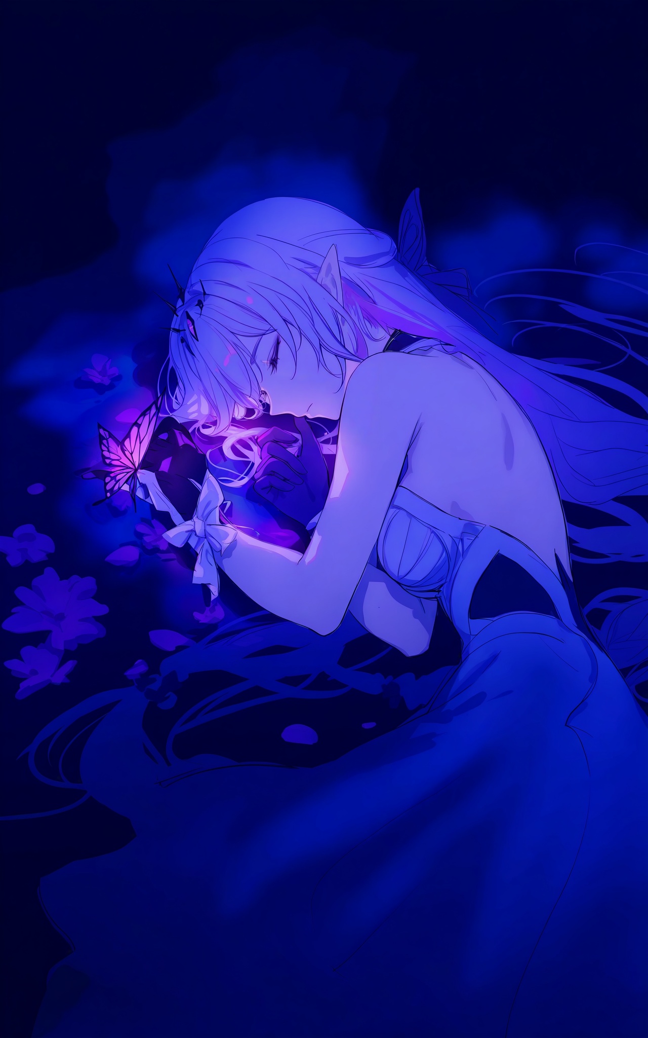 8k,best quality,masterpiece,(ultra-detailed),(high detailed skin),((artist:reoen),(artist:fuzichoco),(artist:atdan),(artist:torino_aqua),year 2024:0.8),[artist:wlop],[artist:ningen_mame],artist:ciloranko,[[artist:rhasta]],artist:tidsean,colorful,<lora:illustrious_Simple Flat Coloring_v2-000028:0.75>,Simple Flat Coloring,sketch,line,Agm,<lora:xl-ill-castorice(honkai_star rail)_v1-000010:0.8>,castorice\(honkai:star rail\),1girl,pointy ears,long hair,closed eyes,solo,gloves,breasts,bare shoulders,sleeping,hair ornament,dress,single glove,lying,pink hair,white hair,very long hair,black gloves,medium breasts,closed mouth,flower,(dark,chiaroscuro,hight-contrast:1.6),darkness,side,