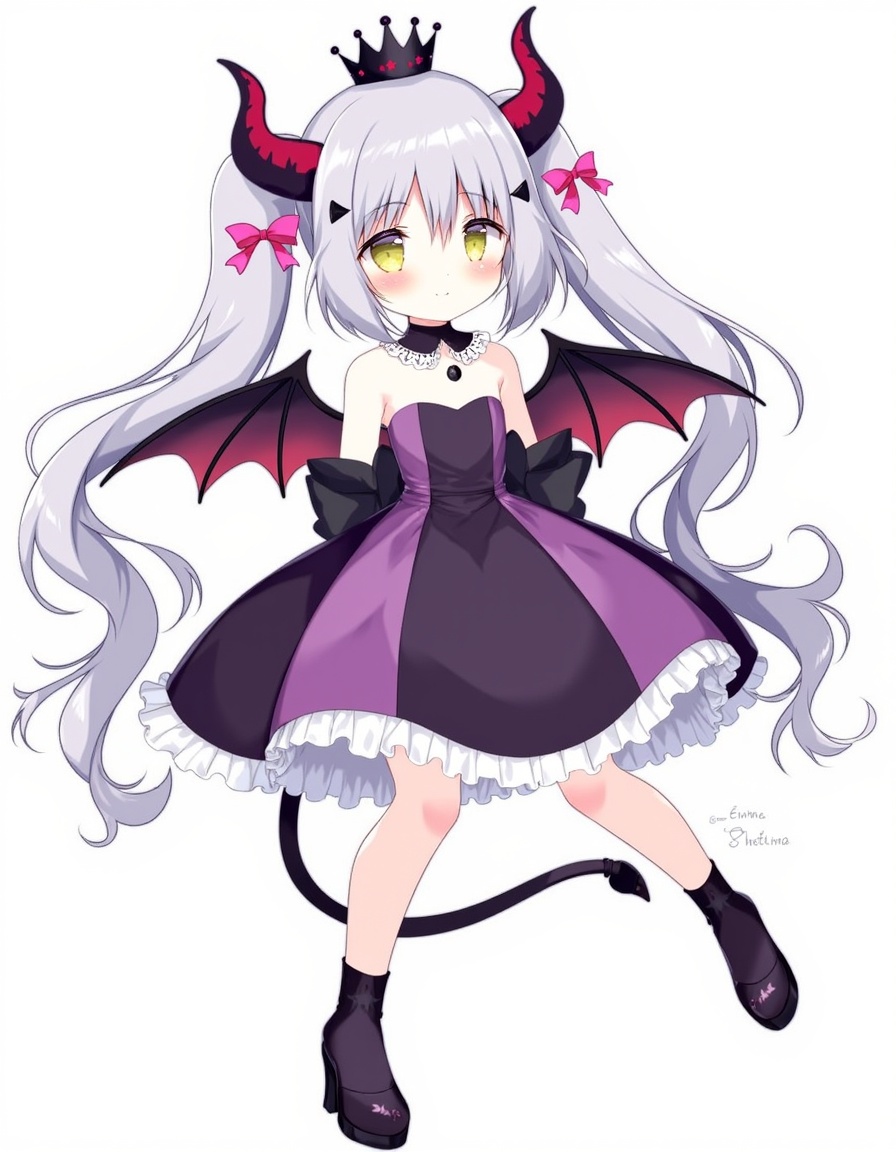 shiratama_(shiratamaco), official_art, 1girl, bare_shoulders, black_dress, black_footwear, black_gloves, black_socks, bow, closed_mouth, crown, demon_girl, demon_horns, demon_tail, demon_wings, detached_collar, dress, drill_hair, frilled_dress, frills, full_body, gloves, grey_hair, hair_bow, high_heels, horns, lace-trimmed_collar, lace_trim, long_hair, mini_crown, pink_bow, purple_dress, smile, socks, solo, tachi-e, tail, transparent_background, twin_drills, twintails, two-tone_dress, very_long_hair, virtual_youtuber, wings, yellow_eyes, emma_august, emma_august_(4th_costume), nijisanji, year_2023,, <lora:flux-Shiratamaco-000008:1>