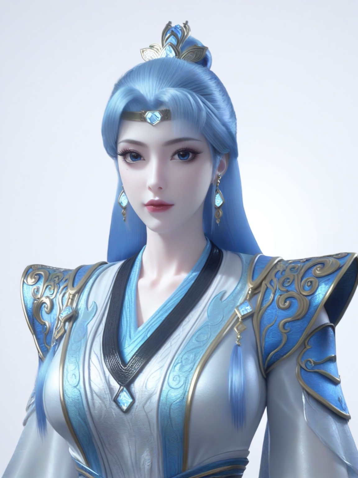 score_9,1girl,solo,dress,long hair,standing,earrings,hair ornament,blue hair, eyelashes, large breasts,enchanting expression,standing,lipstick,upper body,looking at viewer,simple background,<lora:SF_DieGe_Pony_Realism2.3-000004:0.7>,