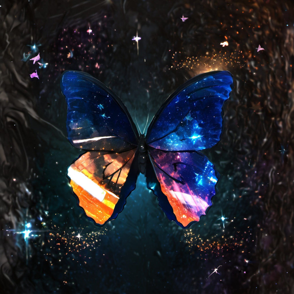 <lora:star_xl_v1:1>,The image showcases a vividly colored butterfly with wings that appear to be made of a translucent material, revealing a cosmic scene within. The wings are predominantly blue with hints of pink and orange, reminiscent of a galaxy or nebula. The background is dark, possibly representing a night sky or a rocky surface, and is adorned with sparkling stars and a bright shooting star. The butterfly's body is black, contrasting sharply with the vibrant wings., image, butterfly, wings, translucent material, cosmic scene, galaxy or nebula, dark background, sparkling stars, bright shooting star