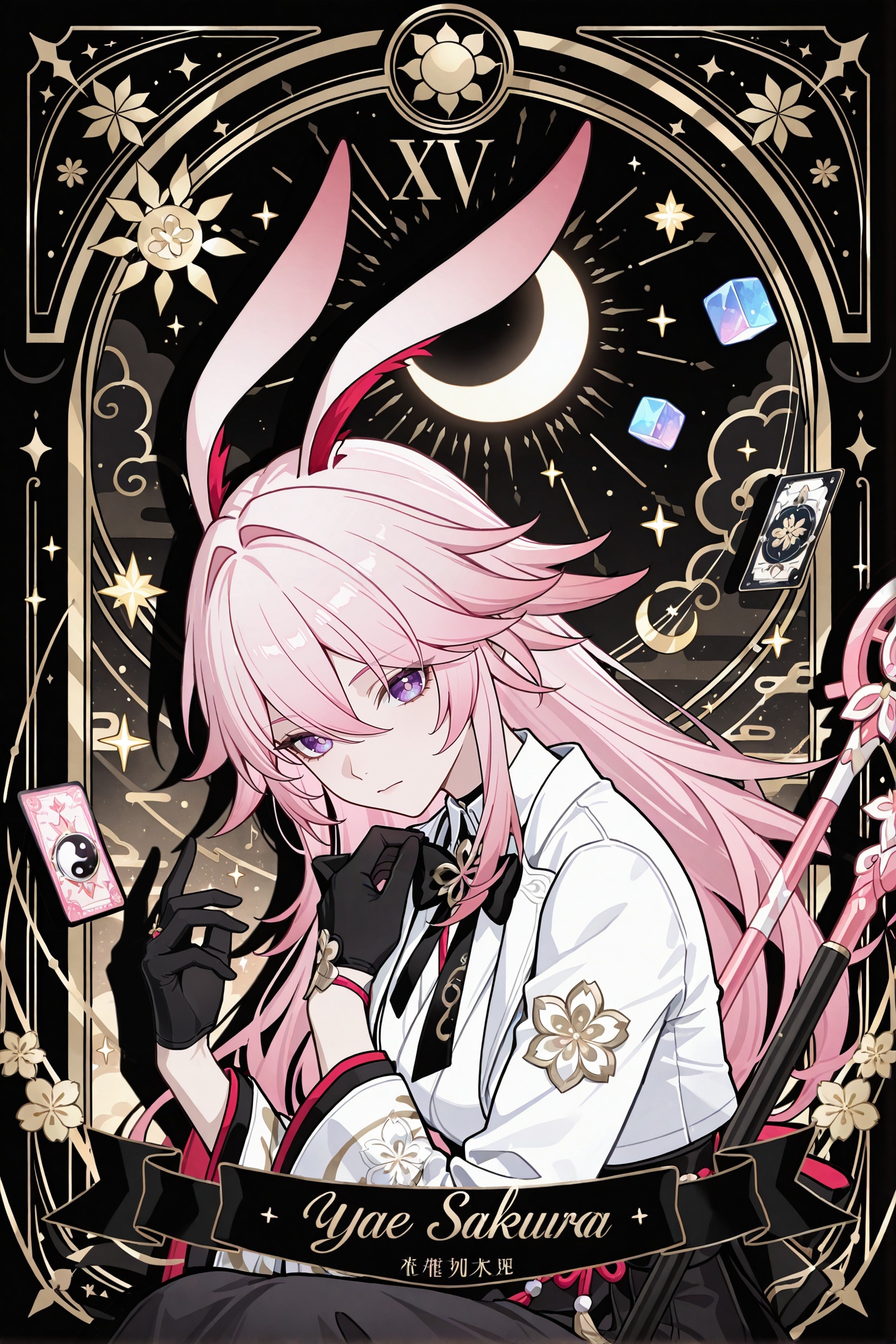 chihaya_anon,1girl,::,__artist__,year 2024,(drop shadow:1.4),(close-up:0.8),(shadow:1.2),(hands up:1.2),(border:1.2),(outside border:1.2),(hand up:1.2),(character name:1.2),from side,hand up,closed mouth,upper body,high contrast,frown,looking at another,looking at viewer,rope,portrait,drop shadow,sparkle,^ ^,flag,limited palette,moon,yin yang,bug,cloud,star (symbol),circle,silk,arrow (symbol),staff,(musical note),(((tarot card))),black theme,(((sun))),cube,crescent moon,flower,sunlight,colorful,very awa,masterpiece,best quality,newest,highres,absurdres,<lora:Evanescia-ill-Tanger-000014:0.8>,Evanescia \(Honkai: Star Rail\),yae sakura,clothes: white shirt and black skirt,1girl,bangs,long sleeves,bow,long animal ears,pink hair,boots,japanese clothes,black gloves,bowtie,black footwear,high heels,fox ears,white jacket,purple eyes,