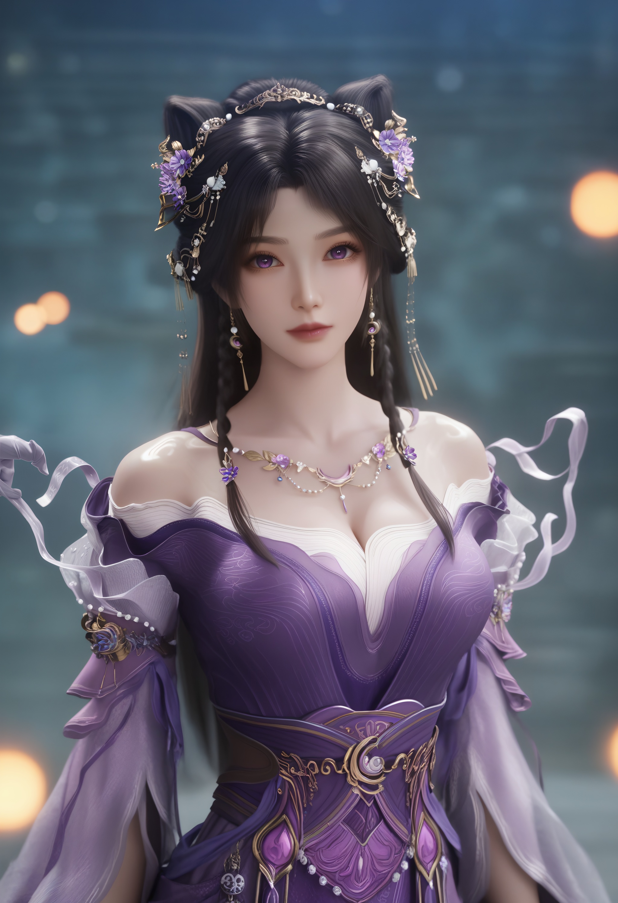 (score_9),1girl,solo,<lora:姬紫月-Apony:0.85>,jiziyue,jewelry,hair ornament,black hair,hair flower,long hair,double bun,braid,earrings,off-shoulder dress,purple dress,necklace,purple eyes,waist belt,collarbone,cleavage,large breasts,BREAKsolo focus,cowboy_shot,front view,depth of field,lens_flare,bokeh,eye-contact,looking_at_viewer,(light_skin),(white_skin),BREAKsimple background,