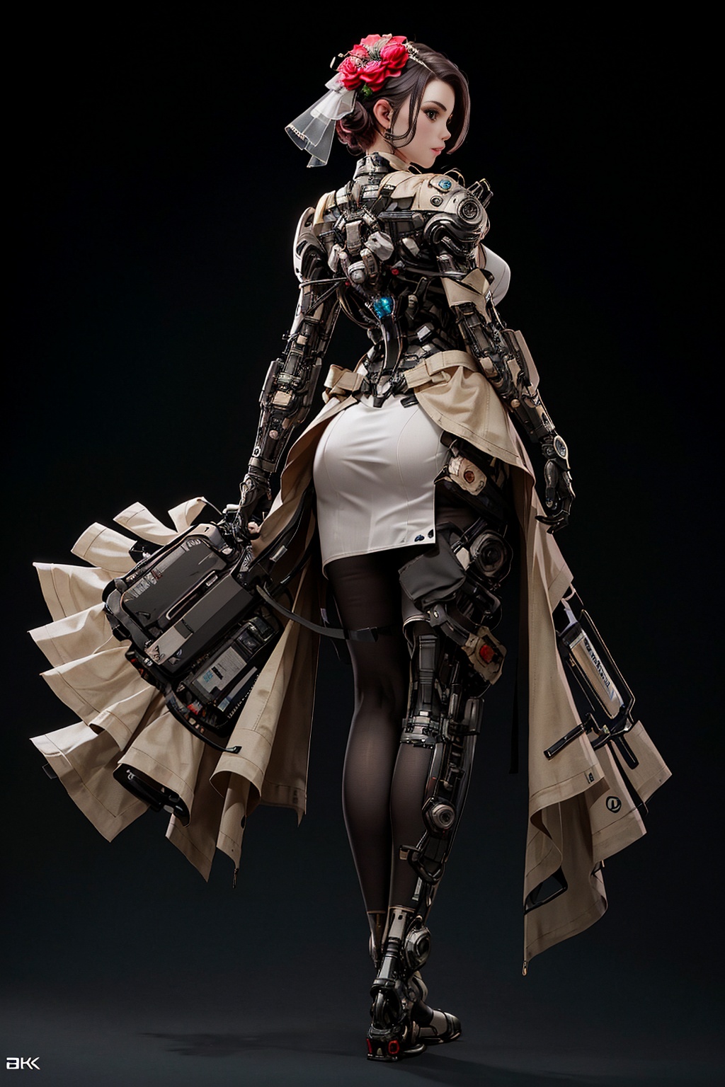 1girl,solo,bride,wedding_dress,bridal_veil,gloves,hair_flower,looking back,full body,<lora:kp_赛博朋克V1:0.8>, kp,cyborg,cyberpunk,, masterpiece, best quality, unity 8k wallpaper