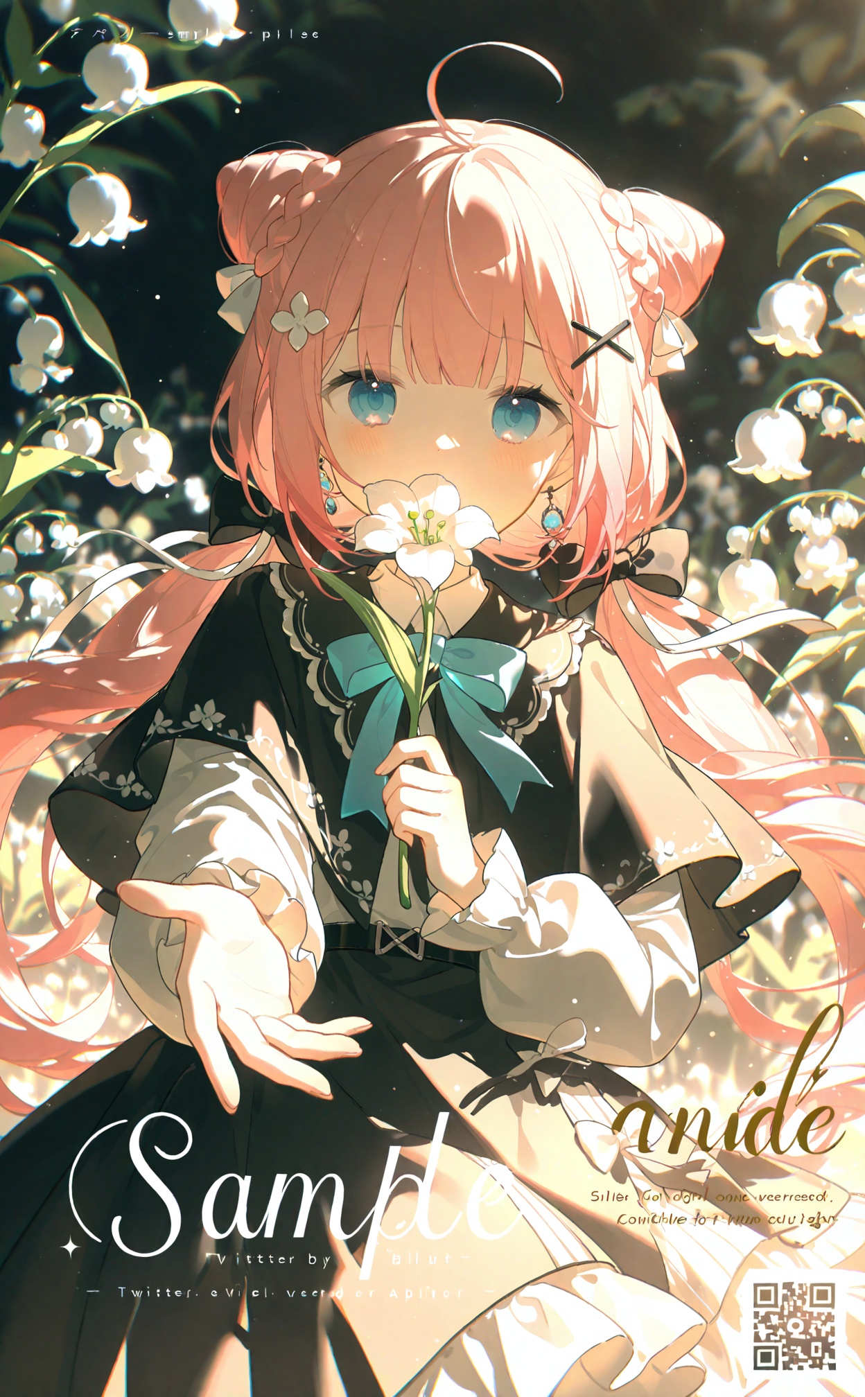 1girl,blue eyes,pink hair,cat,flower,holding flower,solo,hair bun,long hair,white cat,blush,looking at viewer,hair ornament,holding,long sleeves,ahoge,twintails,dress,bow,x hair ornament,white flower,frilled sleeves,double bun,reaching,sidelocks,virtual youtuber,bowtie,reaching towards viewer,hair bow,frills,chromatic aberration,watermark,white bow,ribbon,black dress,white dress,outstretched hand,blunt bangs,blurry background,jewelry,capelet,artist name,english text,low twintails,blue bow,hairclip,skirt,blurry,plant,cowboy shot,earrings,puffy long sleeves,black capelet,open hand,lily of the valley,sample watermark,black bow,twitter username,hair ribbon,braid,black skirt,belt,2023,covering own mouth,outstretched arm,blue bowtie,hair flower,frilled dress,puffy sleeves,covered mouth,collared dress,blonde hair,white ribbon,qr code,