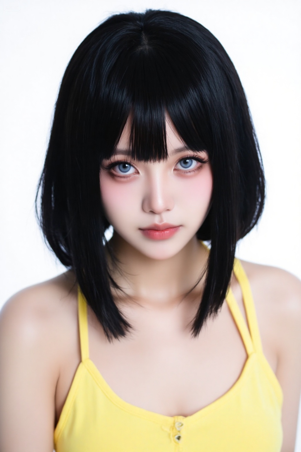 a woman with pale skin,large blue eyes,and a black bob cut with blunt bangs,shes wearing a yellow top,the background is a plain,solid white,, Negative prompt: ng_deepnegative_v1_75t,(badhandv4:1.2),EasyNegative,(worst quality:2),,nsfw, Steps: 30, Sampler: Euler, CFG scale: 3.5, Seed: 3137782293, Size: 1024x1536, Model hash: 062dad72b2, Model: 麦橘超然majicFlus_v1.safetensors, Denoising strength: 0, RNG: CPU, Lora 1: FLUX气质黑妹, Lora Hash 1: 97bc9c0613, Lora Weight 1: 0.8, Lora 2: majicFlus脸模矩阵_御姐脸模（自带妆容，美白）, Lora Hash 2: dbe62f063d, Lora Weight 2: 0.6, Lora 3: 麦橘超野majicflus, Lora Hash 3: b9ff6955fe, Lora Weight 3: 0.8, vae_name: automatic