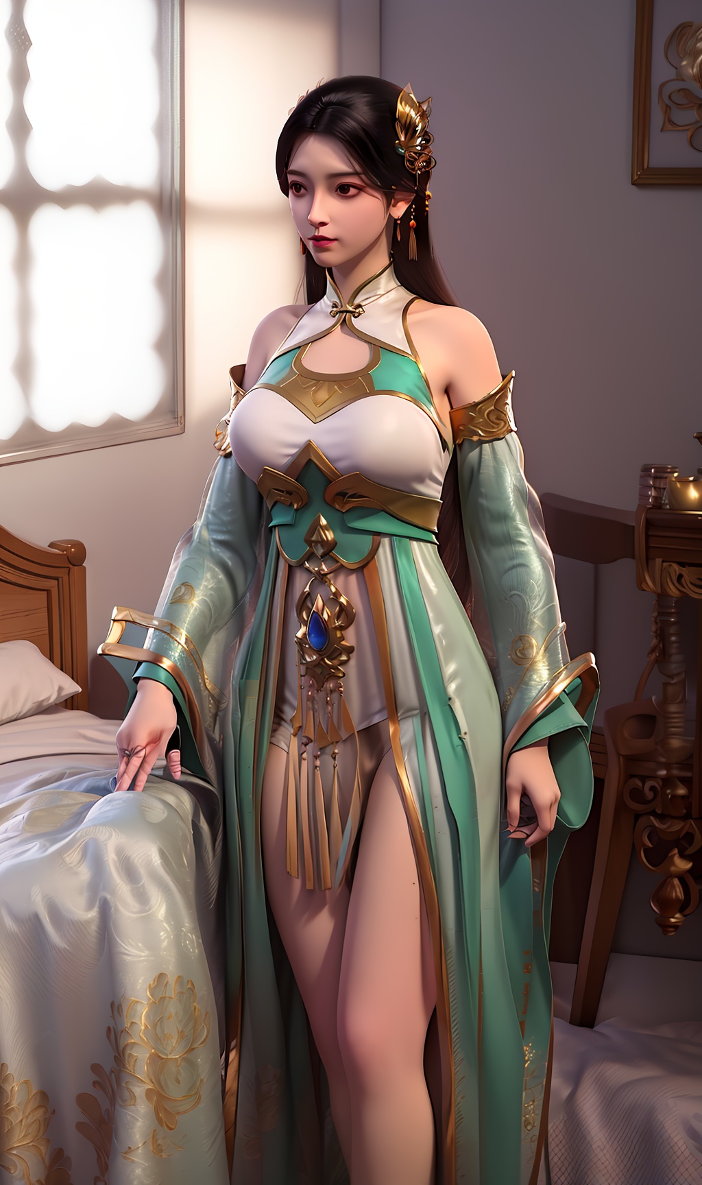 3D,masterpiece,(best quality),(makeup),official art, extremely detailed cg 8k wallpaper,((crystalstexture skin)), (extremely delicate and beautiful),(highly detailed),(face),(tassel),(collar),(gold),,(wide_sleeves)(1girl), (solo), (jewelry), (earrings),(black_hair),(long_hair),(hair_ornament),(handwear),(breasts),(standing),upper_body,(off-shoulder_dress),(closed_mouth),(long_skirt),(chinese_clothes),(dress),,(multicolored_clothes),(multicolored_dress),(shiny_clothes),(city,indoor,bed),(gown),(shorts),(long_legs),,((looking_at_viewer)),((Facing the camera)),, <lora:hipoly3DModelLora_v10:0.3>