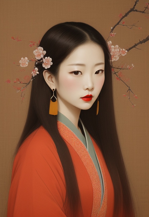 Chinese painting, 1girl, solo, jewelry, hair ornament, earrings, branch, flower, upper body, red lips, closed mouth, brown hair, brown background, red ribbon, <lora:Chinese painting_V10:0.9>, 
