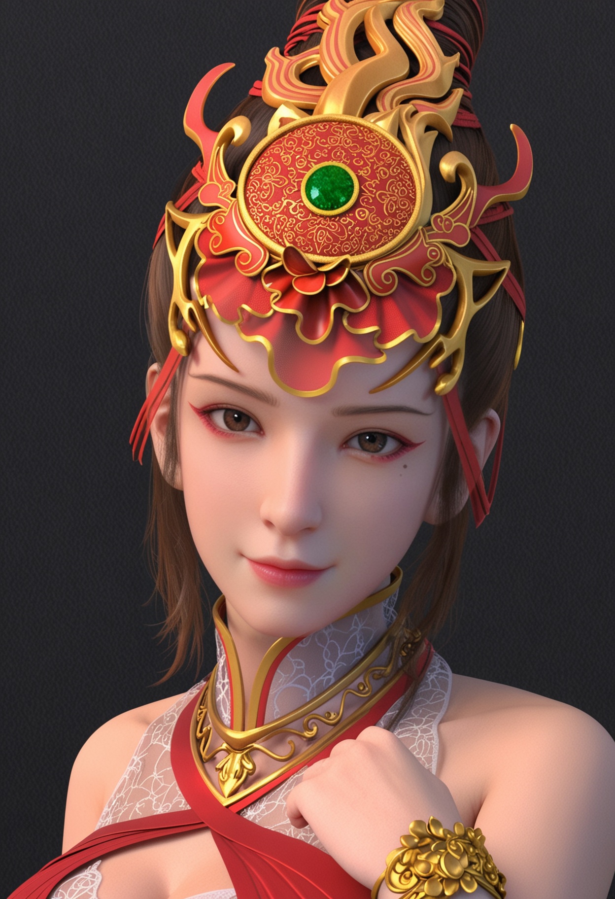 (looking_at_viewer:1.2),cowboy shot,<lora:YQ_pony_tiannvrui_V4:0.8>,1girl,q1528437228,solo,jewelry,hair ornament,black hair,red dress,bracelet,brown hair,smile,brown eyes,(mole under eye:0.8),hair bun,gem,long hair,short hair,black eyes,necklace,simple background,pure black background,black background,