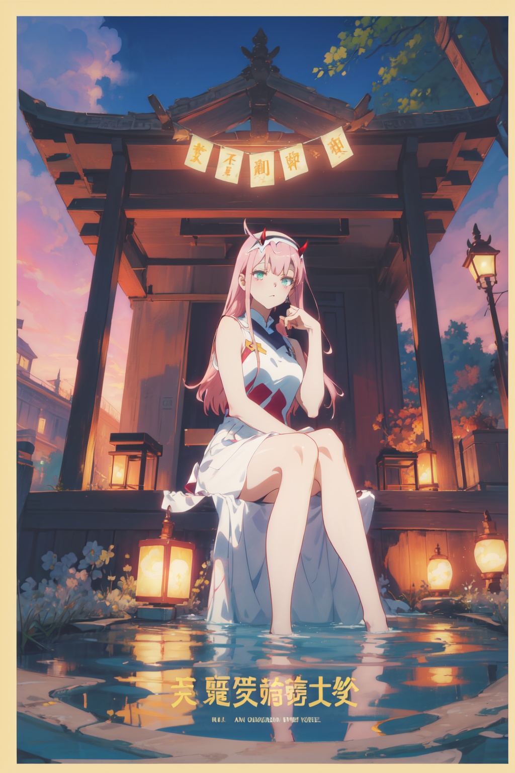 1girl,looking at viewer,solo,anime coloring,long hair,pink hair,straight hair,bangs,white hairband,horns,green eyes,eyeshadow,02_CYQL,<lora:02:0.8:lbw=MIDD>,Artistic watercolor print A-line dress,(smirk sitting cowboy_shot from_below:1.1),beautiful face,beautiful eyes,glossy skin,shiny skin,Oasis, Sand dunes, Palm trees, Water, Camel, Heat, Mirage,Tea house, Stone lanterns, Koi pond, Sunset glow, Japanese serenity, Evening tranquility,beautiful detailed sky,beautiful detailed glow,(movie poster:1.2),(border:1.3),(English text:1.4),posing in front of a colorful and dynamic background,masterpiece,best quality,beautiful and aesthetic,contrapposto,female focus,fine fabric emphasis,wallpaper,fashion,depth of field,intricate_detail,finely_detailed,fine_fabric_emphasis,glossy,<lora:增强减少细节add_detail:0.4>,