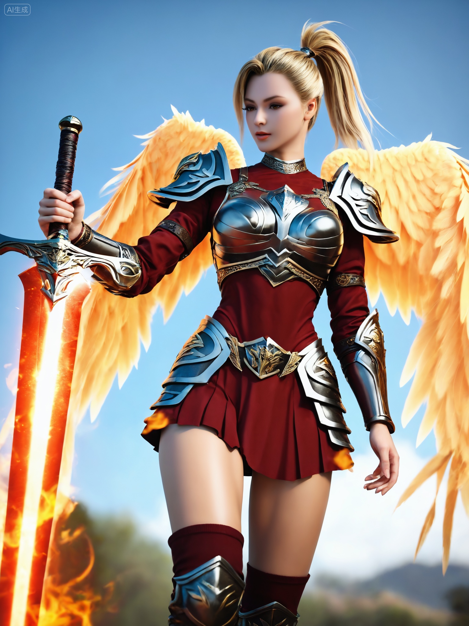 score_9,score_8_up,score_7_up,, <lora:tianshizhui:0.7>,1 girl,single person,single ponytail,skirt,blonde hair,over-the-knee socks,holding an item,mouth closed,standing,weapon,cowboy-style composition,wings,armor,lips,over-the-knee boots,holding a sword,feathered wings,flames,shoulder armor,, Negative prompt: score_6,score_5,score_4,source_pony,(worst quality:1.2),(low quality:1.2),(normal quality:1.2),lowres,bad anatomy,bad hands,signature,watermarks,ugly,imperfect eyes,skewed eyes,unnatural face,unnatural body,error,extra limb,missing limbs,painting by bad-artist,Stand up.Loli girl,, Steps: 28, Sampler: Euler a, Schedule type: Karras, CFG scale: 5.5, Seed: 2013731926, Size: 768x1024, Model: 3ab_V2, Denoising strength: 0.4, ADetailer model: face_yolov8n.pt, ADetailer prompt: "Brown eyes.<lora:天使冷1:0.5>,<lora:20250806-1754489622716:0.5>,", ADetailer confidence: 0.3, ADetailer dilate erode: 4, ADetailer mask blur: 4, ADetailer denoising strength: 0.42, ADetailer inpaint only masked: True, ADetailer inpaint padding: 32, ADetailer version: 24.6.0, Hires upscale: 2, Hires steps: 12, Hires upscaler: 4x-UltraSharp, Lora hashes: "tianshizhui: 98d1eab6a3c2", Version: v1.9.3