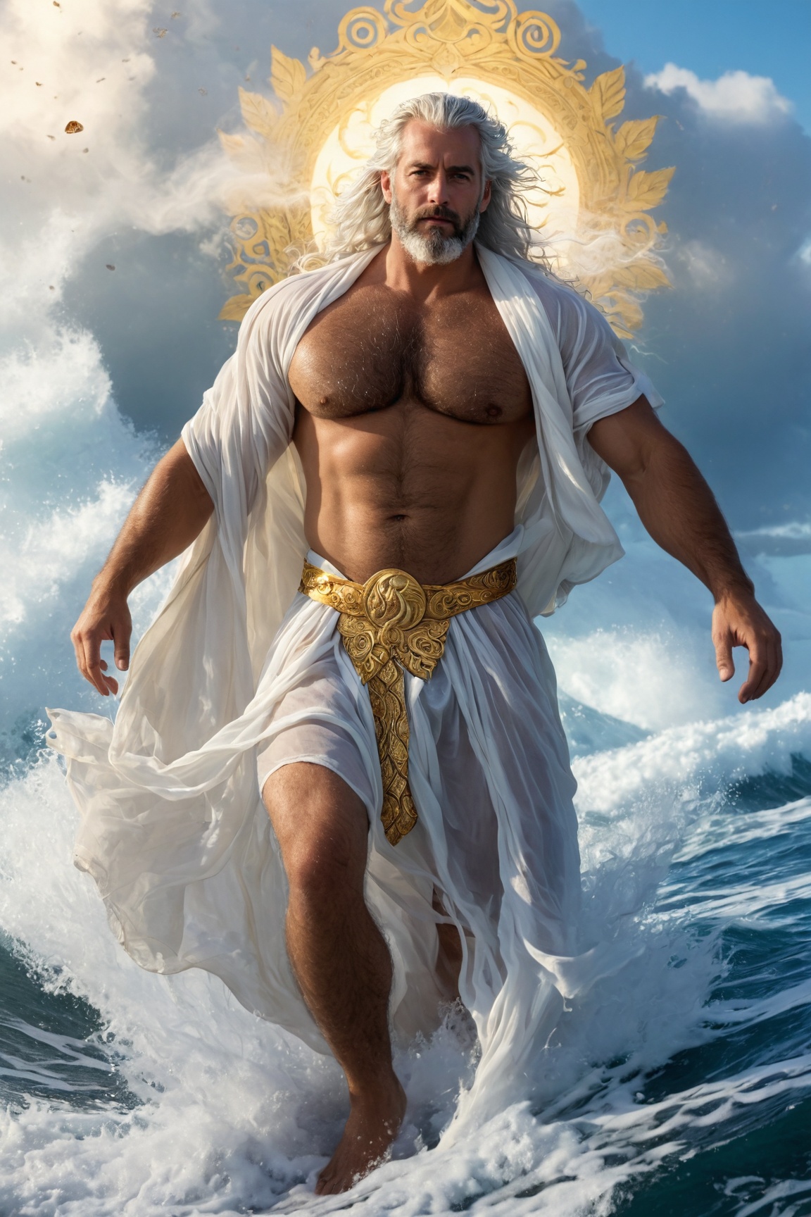 face portrait of Proteus the god of the ocean shrouded in mysterious swirling waves,  wearing open silk robes with intrica...