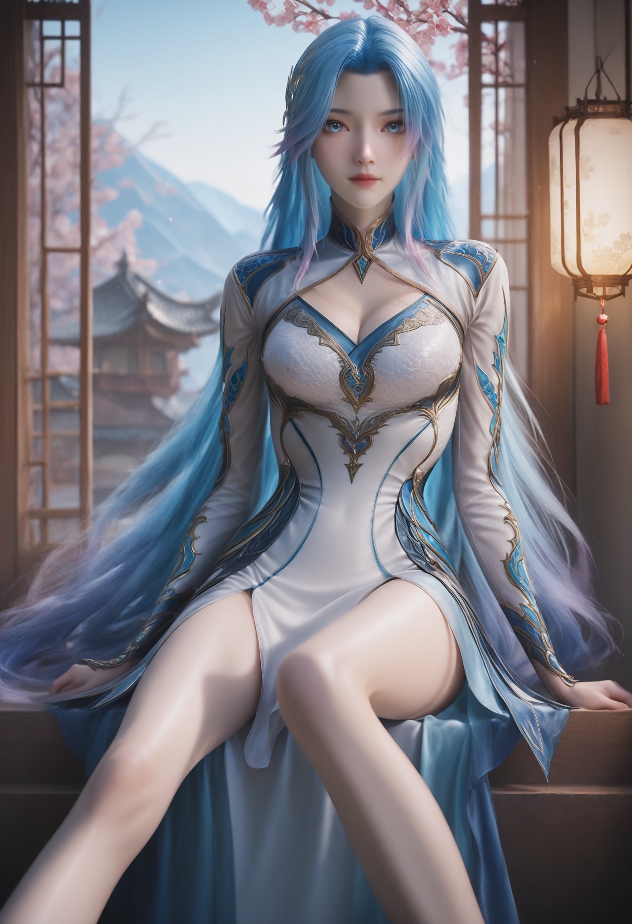 Wang_qiuer,1girl,solo,blue hair,multicolored hair,blue eyes,gradient hair,looking at viewer,very long hair,<lora:Wang_qiuer_10_illu-000006:0.75>,dress,clothing cutout,white dress,cleavage cutout,blue dress,photorealistic,hyperrealistic,<lora:realistic filter [IL]:1>,looking at viewer,sitting,(thin legs,very thin thighs,slim thighs,skinny,slender thighs:1.2),lantern,open window,looking at viewer,indoors,mountains,blossoms,flowers,east asian architecture,beautiful sunrise,warm ambient temperature,
