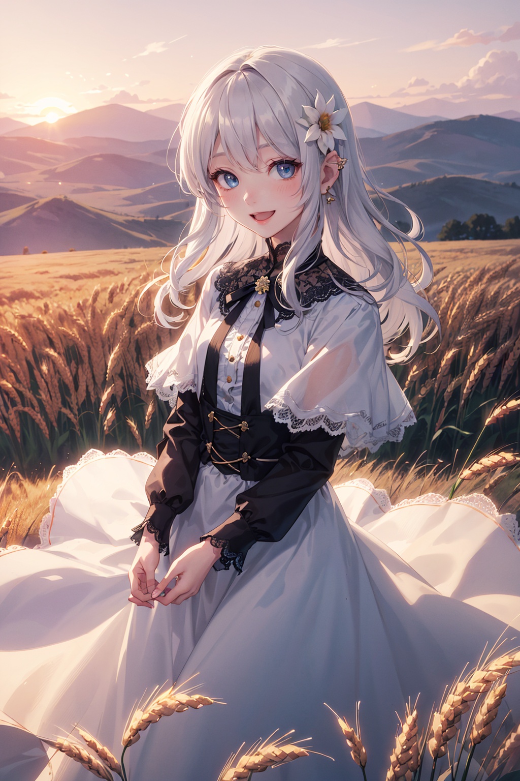 (drawn by Lynn Okamoto),center frame,sharp focus,(panorama, wide shot),best quality,masterpiece,extremely detailed,detailed background,(from above:1.2),1girl,catgirl,solo,loli,blue eyes,white hair,closed one eye,smile,open mouth,skirt,long hair,wavy hair,on side,fluffy hair,french,blush,smile,capelet,lace trim,bodice,sunset,long dress,dusk,scenery,gold sky,high place,horizon,wheat field,wheat ears,wind,wind blow,looking at viewer,(depth of field),bokeh,(holding a flower:1.3),(holding:1.2),(medium):0.5,