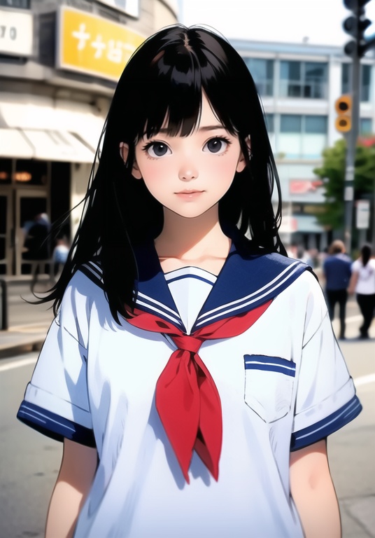 (best quality), ((masterpiece)), (highres), illustration, original, extremely detailed,1girl, solo, black hair, sailor collar, long hair, shirt, looking at viewer, school uniform, serafuku, neckerchief, closed mouth, black sailor collar, black shirt, red neckerchief, upper body, black serafuku, bangs, black eyes, artist name, blurry, blurry background