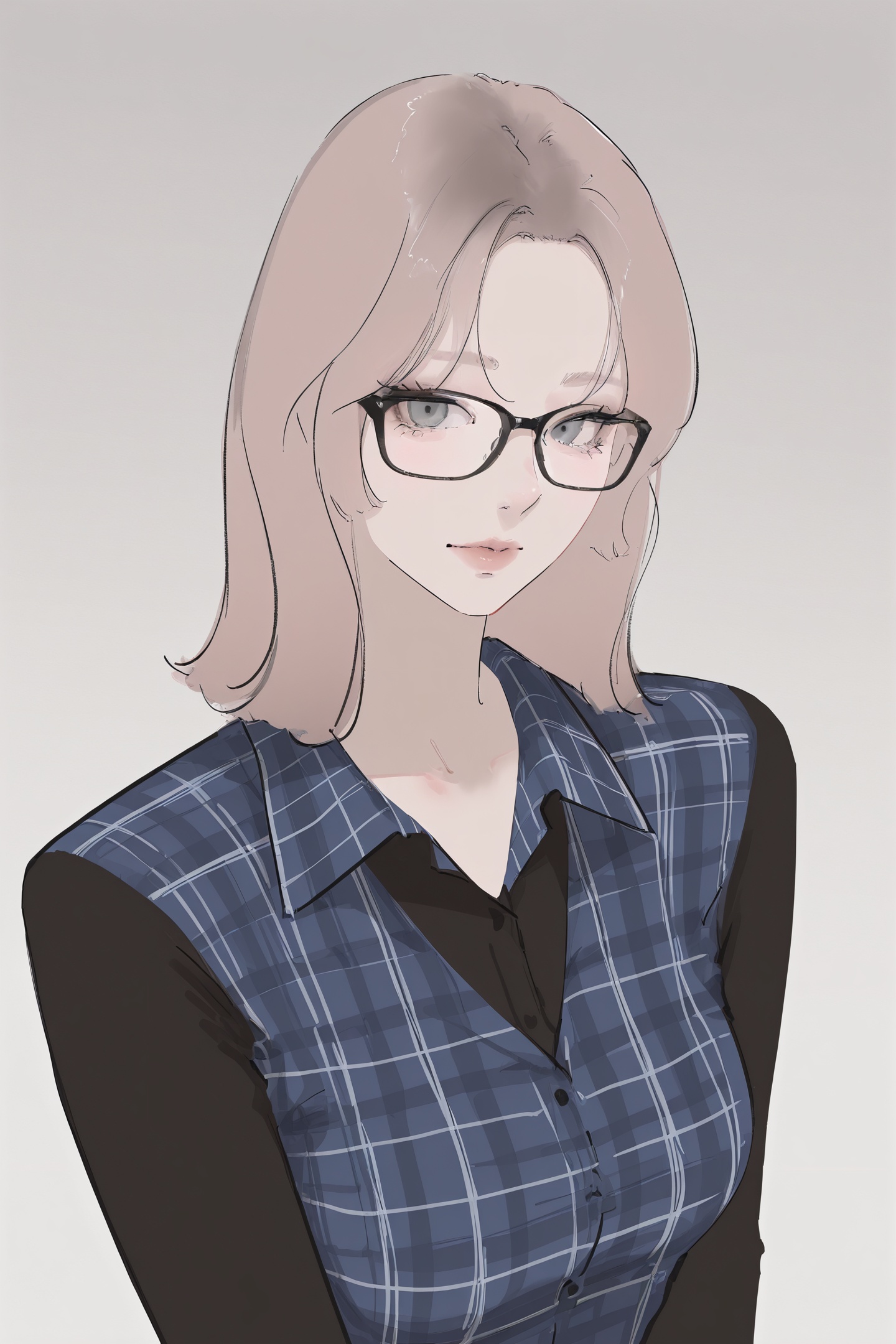 Chikitama Style,sketch,1girl,solo,glasses,shirt,looking at viewer,collared shirt,medium hair,brown hair,black-framed eyewear,closed mouth,lips,plaid shirt,plaid,grey eyes,blue shirt,light brown hair,black shirt,<lora:Chikitama_illustriousXL:1>,
