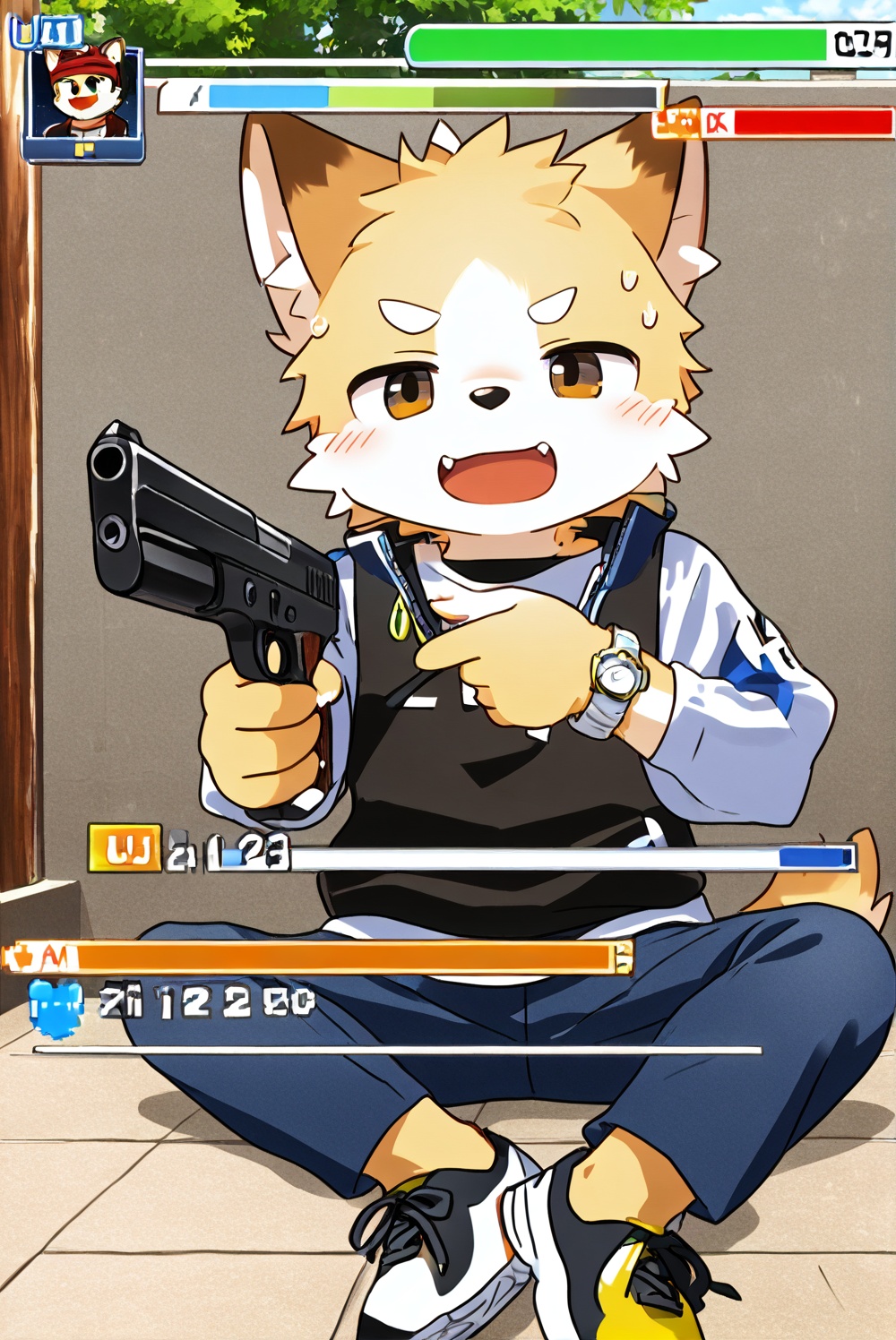 furry,1boy,random action,game ui,status_bar,<lora:electronic game style（涂鸦工坊α）:0.6>,game style