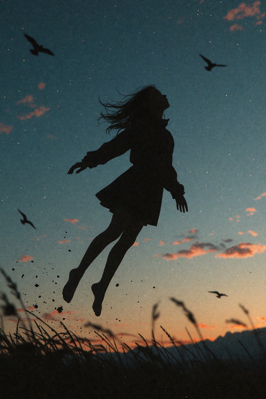 a silhouetted girl flying in the air,  aesthetic sky,  film grain low key image on Tensor.Art
