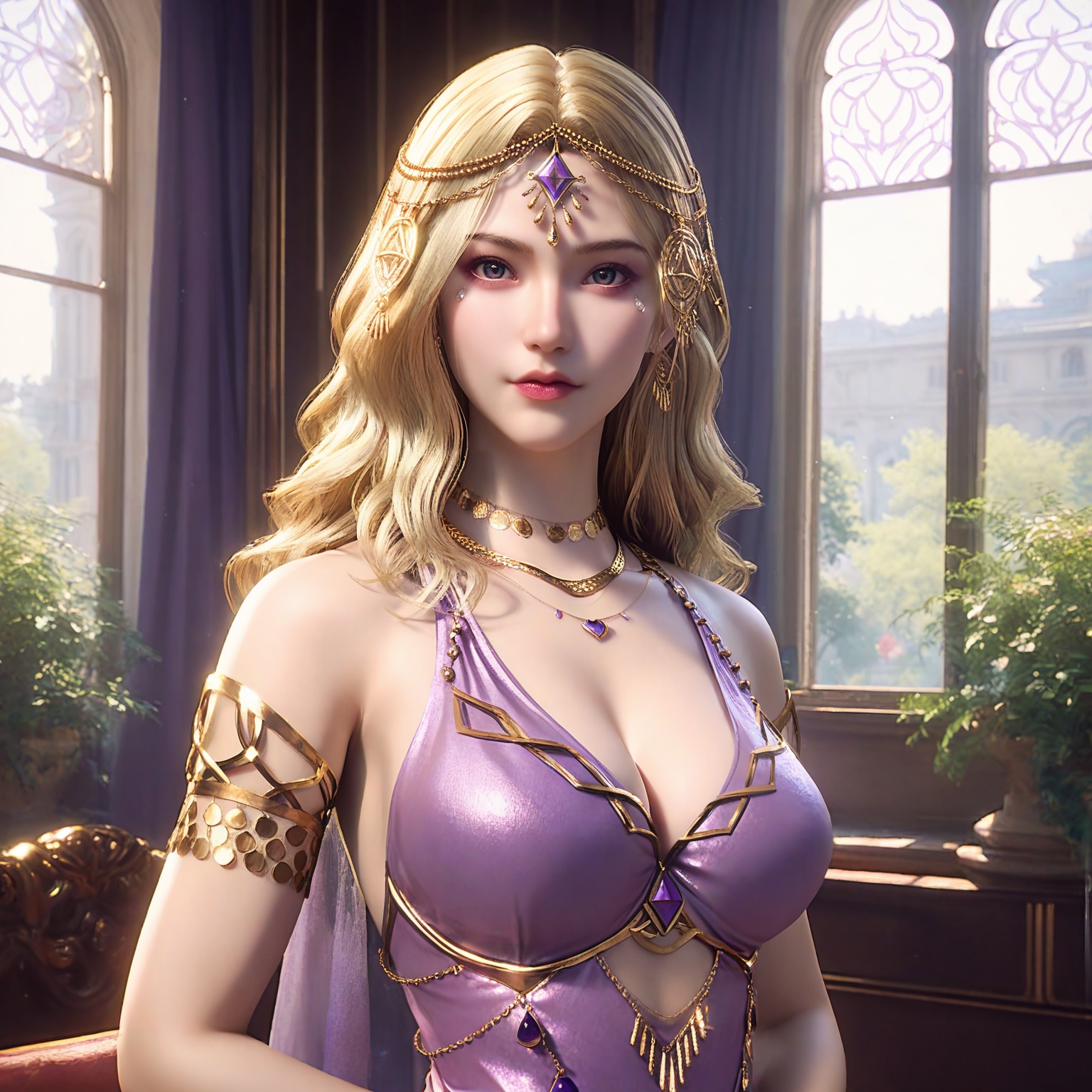 score_9,score_8_up,score_7_up,1girl,breasts,solo,dress,blonde hair,jewelry,cleavage,necklace,purple dress,long hair,looking at viewer,indoors,circlet,window,<lora:kadan firstclothe THv3:0.7>,