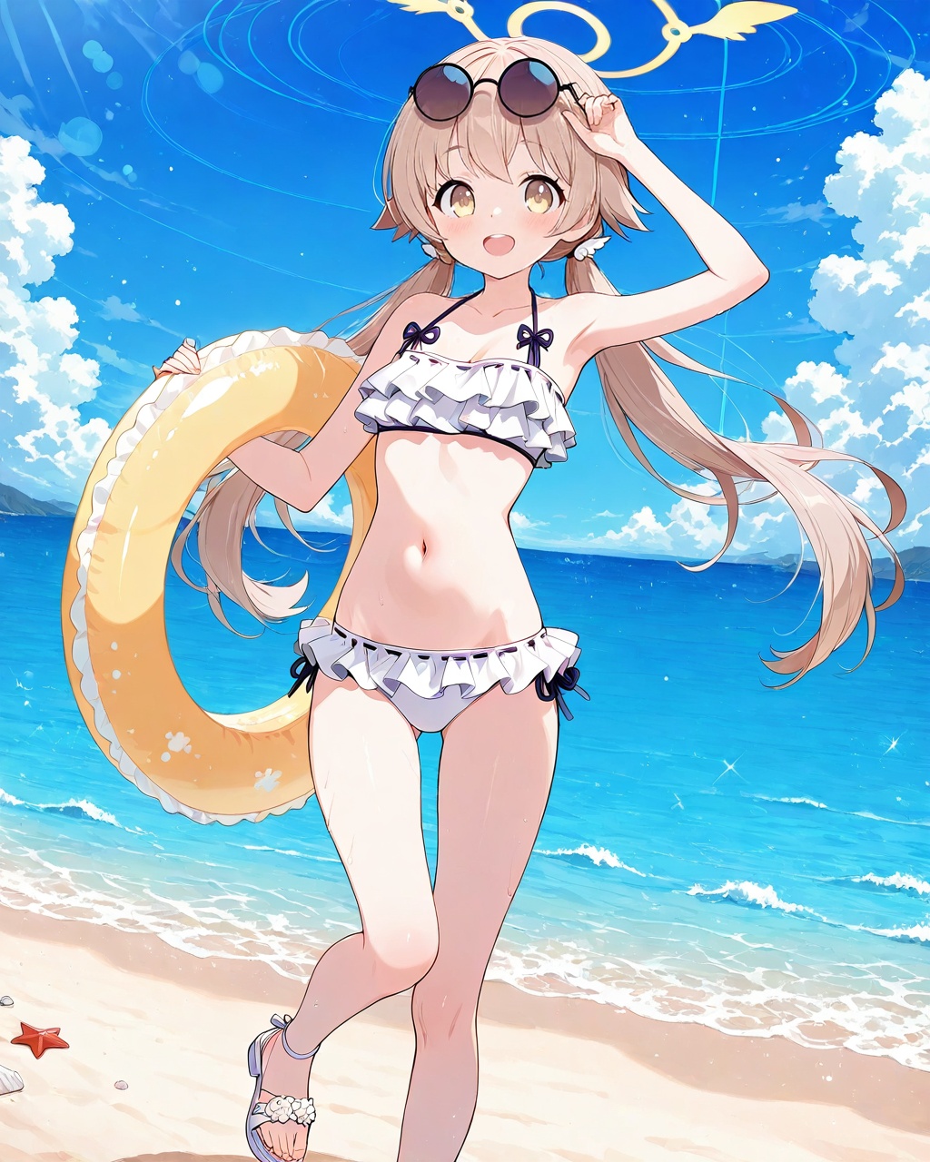O,ultra detailed anime texture,1girl, hifumi (blue archive), frilled bikini, swimsuit, frills, solo, bikini, white bikini, twintails, halo, sunglasses, eyewear on head, navel, yellow eyes, outdoors, beach, sky, long hair, light brown hair, low twintails, ocean, cloud, full body, looking at viewer, sandals, day, innertube, open mouth, smile, blue sky, collarbone, sand, breasts, standing, standing on one leg, round eyewear, holding, blush,(UHD),anatomically correct,accurate,textured skin,super detail,high details,award winning,best quality,high quality,retinal,HD,16k,1080P,
