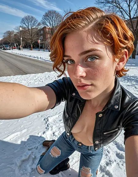score_9, score_8_up, score_7_up, score_6_up, A  woman, looking up.,️a woman with sexy pose,Short curly pixie cut,Ginger hair,dressed in a leather jacket with ripped jeans and combat boots,curvaceous figure is captured in a sensual pose, her bare back arched, hands splayed across a worn leather sofa, one knee drawn up to expose the delicate skin of her groin,Street level shot,selfie view,Snow-capped peaks shimmer under the moonlight,️Clear blue sky,️Hyperrealistic art Extremely high-resolution details photographic realism pushed to extreme fine texture incredibly lifelike,️(masterpiece best quality ultra-detailed best shadow amazing realistic picture),Polaroid,️natural lighting