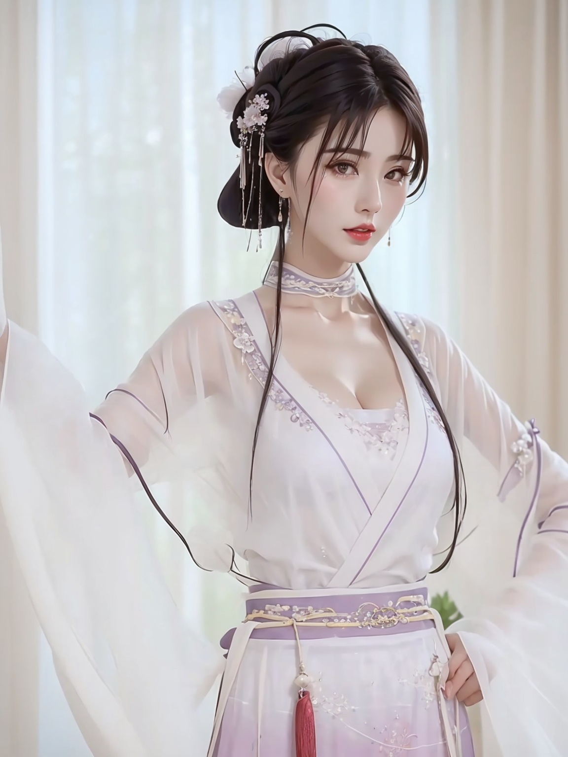 1 girl,diamond earrings,headwear,with heavy makeup,Moisturizing red lips,eye makeup,breast,black hair,close-up,realistic,full breasts,lace-trimmed_hairband,hanfu,solo,<lora:美丽女孩汉服1.1:1>,(red long upper shan:1.4),