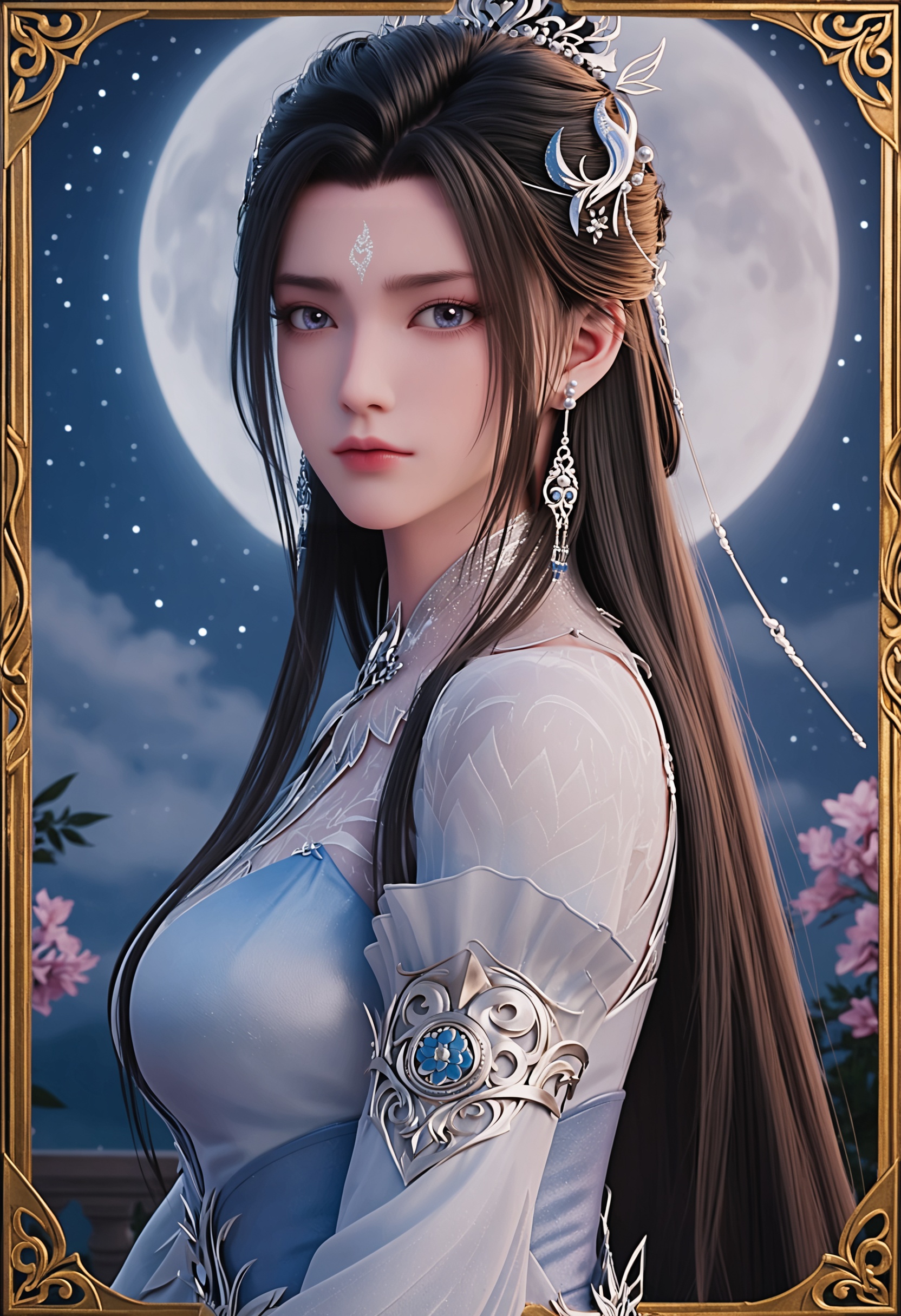 perfect_anatomy,(score_9:1.1),(upper_body:1.2),looking_at_viewer,<lora:YQponyluxueqi2V6:0.8>,1girl,solo,dress,hair_ornament,long_hair,black_hair,jewelry,white_dress,earrings,expressionless,facial_mark,forehead_mark,hair_bun,closed_mouth,single_hair_bun,blue_eyes,chinese_clothes,blue_dress,long_sleeves,blue_hair,brown_hair,perfect_anatomy BREAK (perfect_anatomy:1.1),mature female,looking at viewer,(moon:1.1),(night:1.1),sky,night sky,(full moon:1.1),(huge planetary background:1.1),moonlight,(shiny_skin),(Ivory_skin:1.1),(cinematic lighting),(mutated_hands:-0.9),
