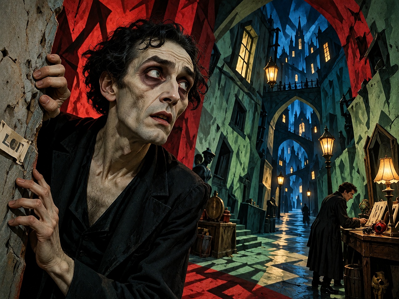 A scene rendered in saturated Technicolor,  showing a very pale gaunt man with dark sunken eyes glancing sideways from beh...