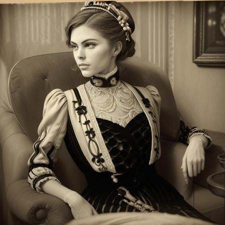 vintage photo of a c4rmr0se wearing a small hat and a black and white layered velvet dress,  jacket with appliques on the...