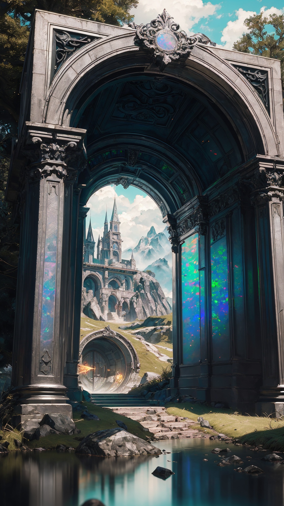 Hyperrealistic art, lush green wooded mountain pass landscape, a fantasy glowing Vivid multi-colored Runes covered ((silver)/(black ral-opal)) Circular gate (portal:1.3), a detailed matte painting by Mike Winkelmann, cgsociety, fantasy art, blue sky, Extremely high-resolution details, photographic, realism pushed to extreme, fine texture, incredibly lifelike