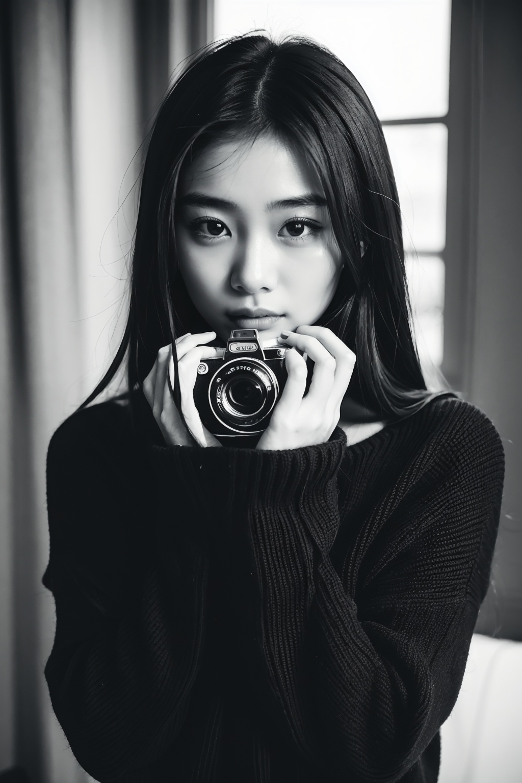 Camera film style,1girl,asians,A black and white portrait of a young woman with a captivating gaze. She's bundled up in a cozy black sweater,hands gently cupped near her face. The monochromatic tones highlight her delicate features and the contemplative mood of the image.,, masterpiece,best quality,