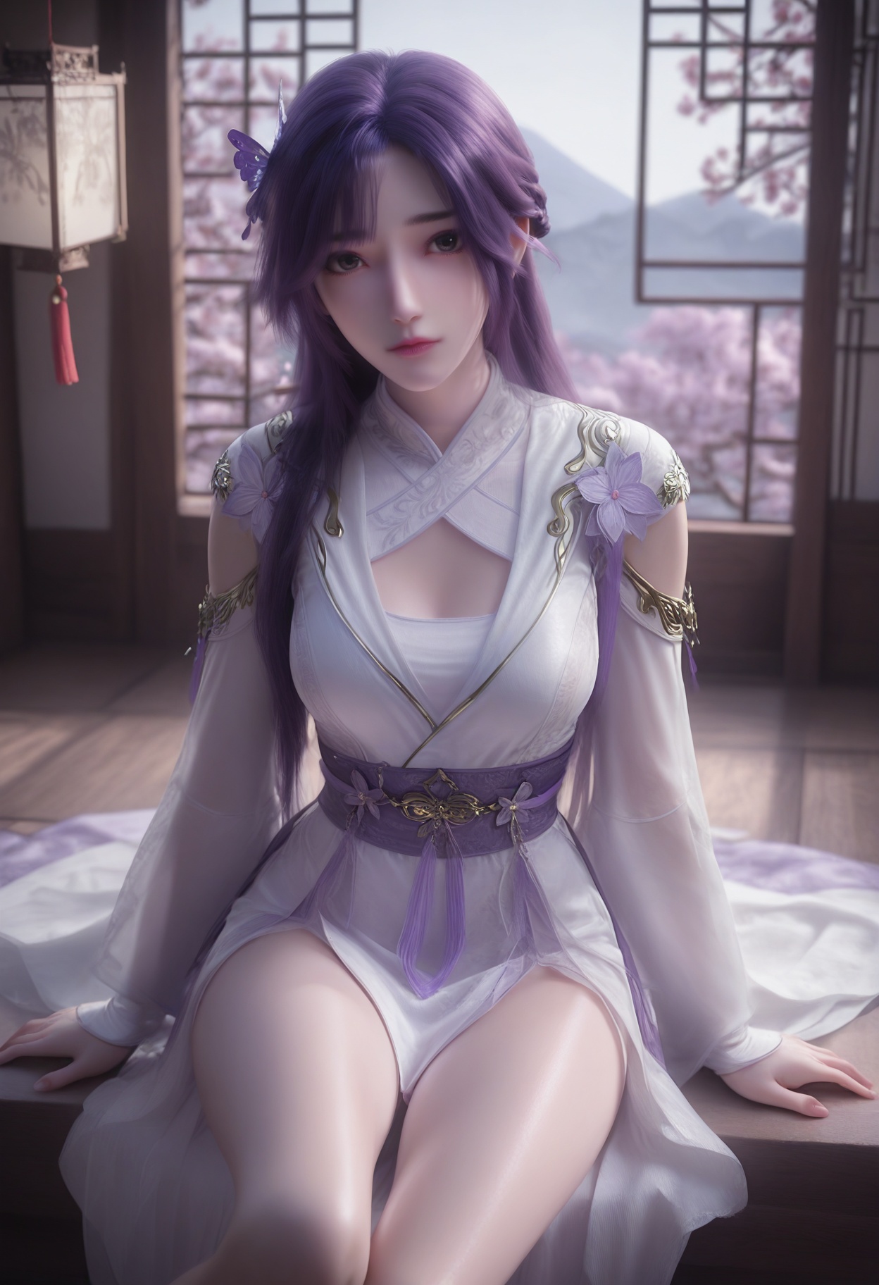 Yun_**_new,1girl,hair ornament,purple hair,long hair,solo,blurry background,looking at viewer,black eyes,bangs,hair flower,butterfly hair ornament,braid,realistic,<lora:Yun_**_*****_10_illu-000004:0.75>,white dress,purple dress,sash,chinese clothes,long sleeves,clothing cutout,photorealistic,hyperrealistic,<lora:realistic filter [IL]:1>,(pale skin:0.8),looking at viewer,sitting,(thin legs,very thin thighs,slim thighs,skinny,slender thighs:1.2),lantern,open window,looking at viewer,indoors,mountains,blossoms,flowers,east asian architecture,beautiful sunrise,warm ambient temperature,
