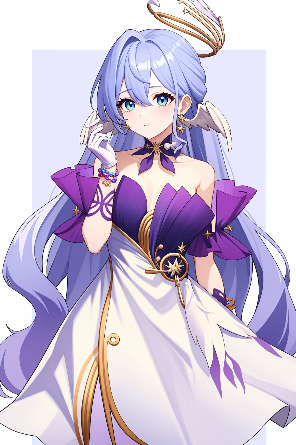 <lora:知更鸟naiv1:1>,robin,a girl named robin,1girl,white dress,bare shoulders,halo,white gloves,earrings,bracelet,head wings,, (masterpiece,best quality,high quality:1.4),absurdres,