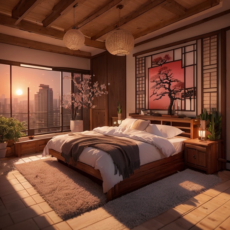 jianzhu, bedroom, warm lighting, wooden furniture, tatami mats, futon bed, shoji screen, cherry blossom painting, bonsai tree, potted plants, city view, high-rise buildings, sunset, light, shadow, contrast, composition, perspective, depth of field, focus, blur, bokeh, realism, photorealism, render, 3D<lora:jianzhu-000009:0.8>