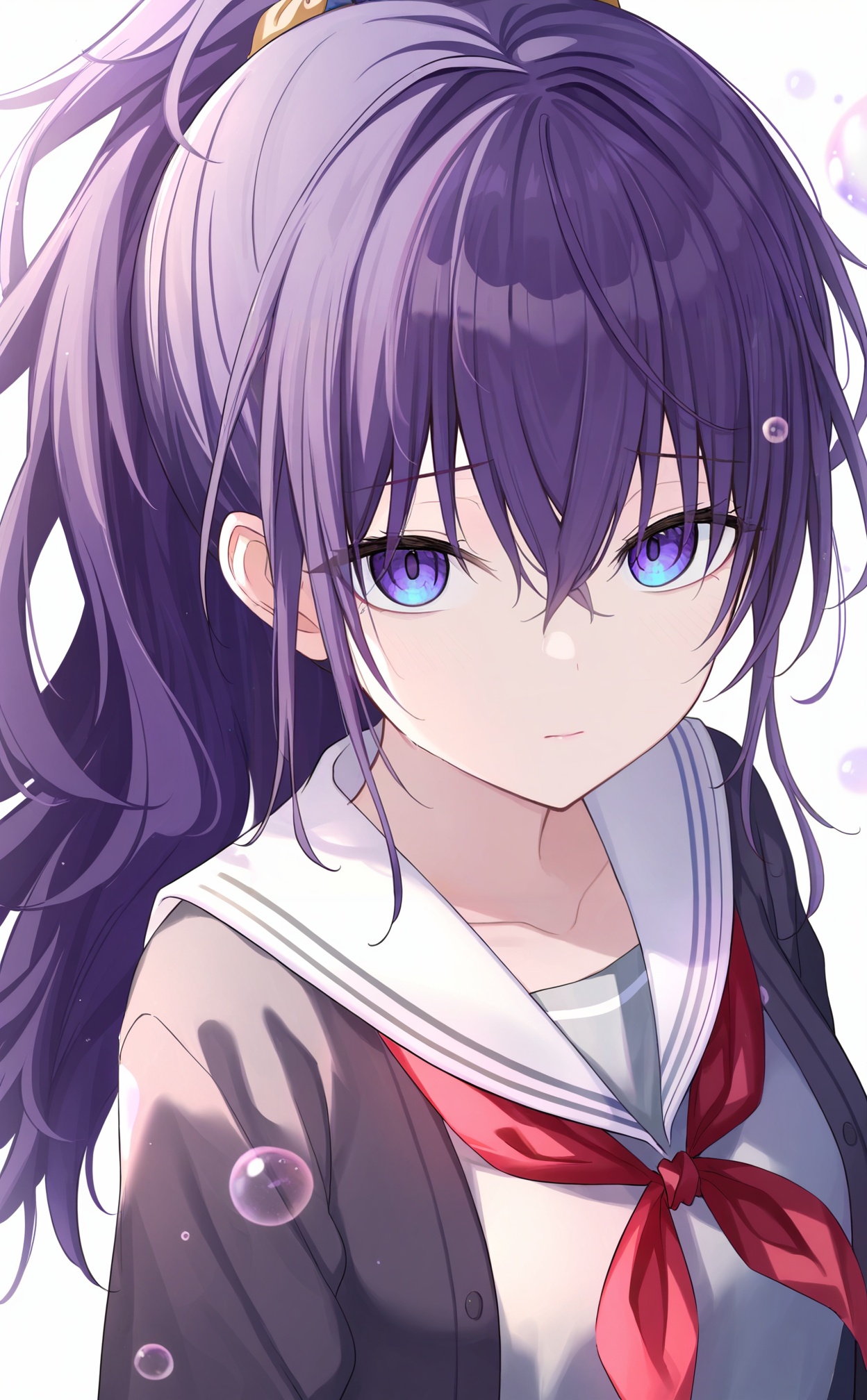 masterpiece,absurdres,best quality,loli,petite,high quality,//,asahina mafuyu, 1girl, solo, miyamasuzaka girls' academy school uniform, purple hair, sailor collar, long hair, red neckerchief, school uniform, ponytail, neckerchief, white sailor collar, scrunchie, hair scrunchie, blue eyes, closed mouth, serafuku, upper body, cardigan, collarbone, hair ornament, looking at viewer, black cardigan, high ponytail, purple eyes, open clothes, shirt, hair between eyes, bubble, portrait, open cardigan, white background, grey serafuku, yellow scrunchie, dot nose//,<lora:timmoo2——【noob】hans:0.88>,