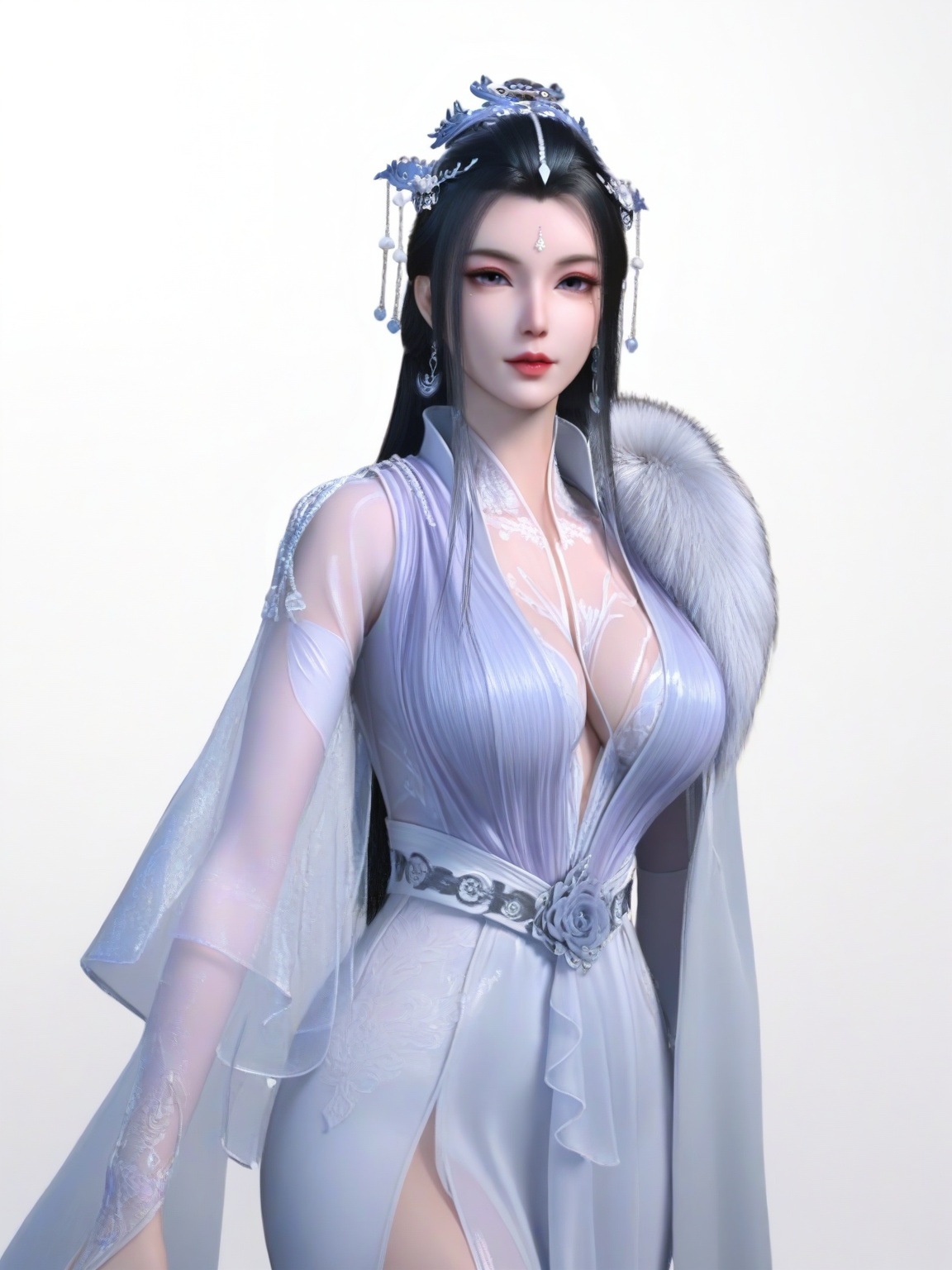 score_9,dress,black hair,long hair,hair ornament,forehead mark,1girl,breasts,large breasts,standing,solo,mole under eye,eyeshadow,fur,lipstick,white background, looking at viewer,cowboy_shot,<lora:SF_YueYao_Pony_Realism2.3-000003:0.7>,