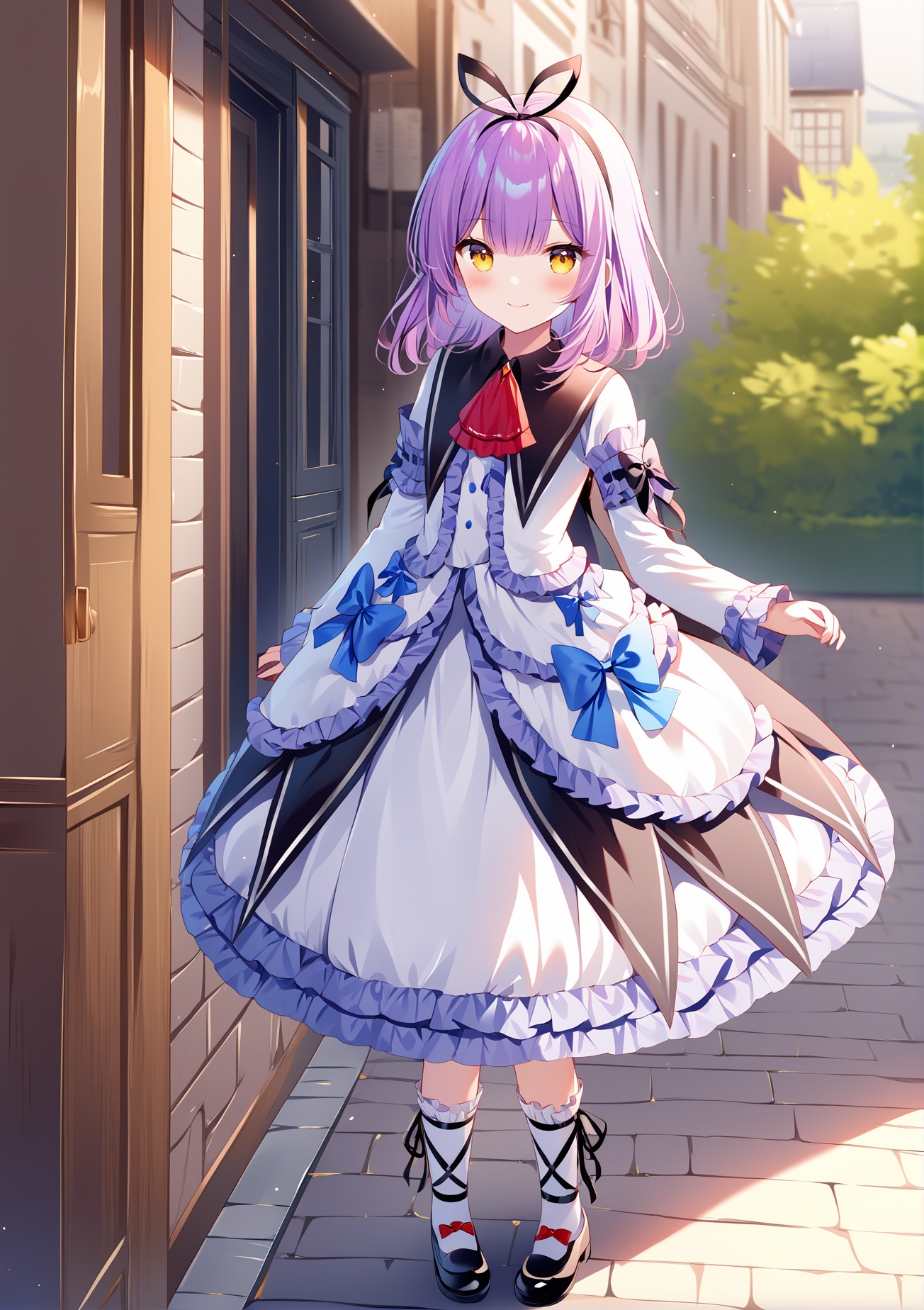(masterpiece), (best quality), illustration, ultra detailed, hdr, Depth of field, (colorful),[rimuu:0.6, sheya:0.5,haneru,]Renne(lo), frilled dress,lo shoes,frilled socks,leg ribbon, frills,red ascot,blue bow,white dress,1girl,purple hair,short straight hair,hair ribbon,yellow eyes,smile,street,  garden,standing,standing<lora:RenneloXLAni3:1>