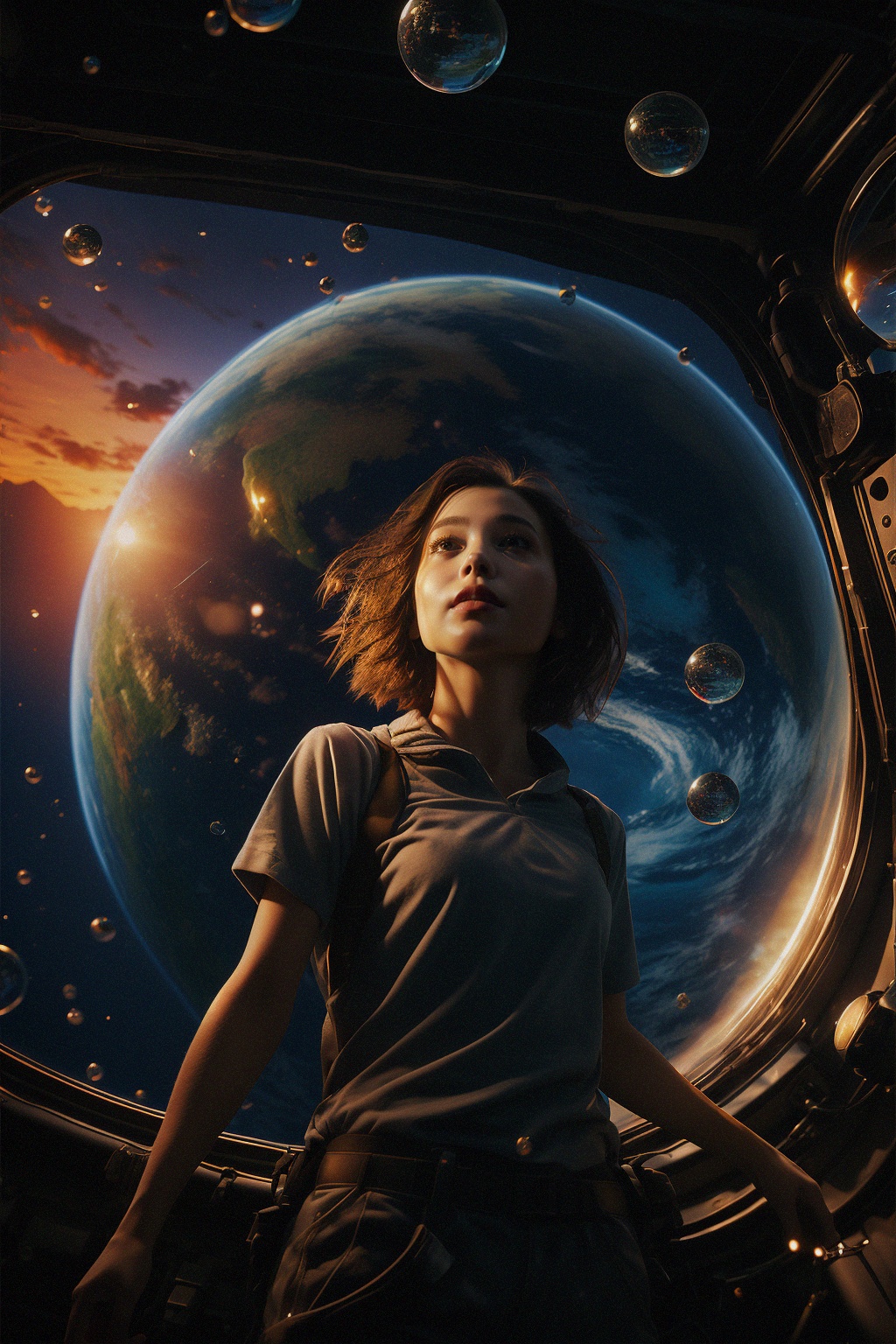 A girl with short hair,(Earth:1.3),shenkong,light particles,sunset,bubbles,<lora:shenkong-000008:0.7>,