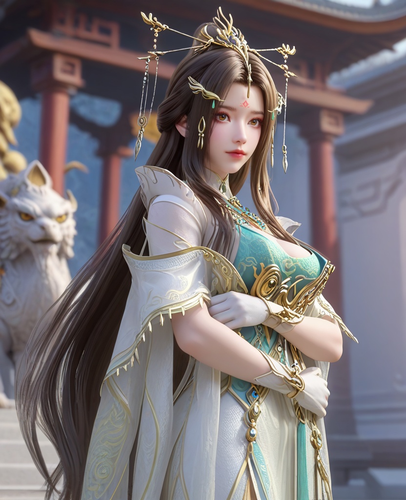 (oriental architecture, elegant decor, sophisticated style:1.1),(Crossing arms over chest,:1.1),(split crop:1.1),(large breasts:1.2),<lora:XL16云深不知梦云望舒少宗主服:0.95>,miss yunwangshu,white gown with tulle skirt,shawl,brown eyes,forehead mark,very long hair,traditional chinese updo with long front strands,hair ornament,jewelry,blue bandeau,white gloves,, score_9,score_8_up,score_7_up,score_6_up,score_5_up,score_4_up,3d rendering,tag1,tag2, Cinematic Lighting,backlighting,