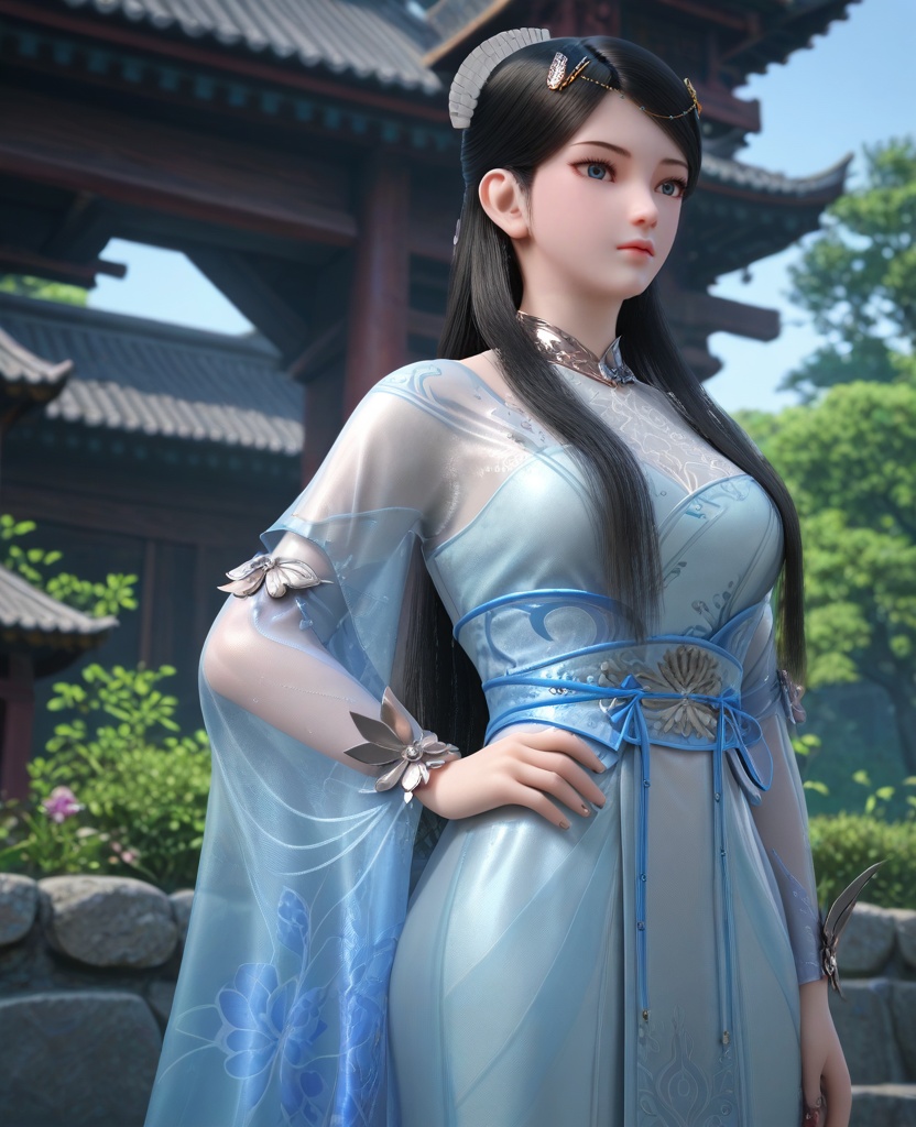 (oriental architecture, elegant decor, sophisticated style:1.1),(Hands on the hips, looking confident:1.1),(breasts:1.2),<lora:XL16墓王之王寒千落:0.95>,miss hanqianluo,spale blue dress,see-through,blue eyes,black hair,long hair,hair ornament,hanging hair,sash,wrist cuffs,pelvic curtain,, score_9,score_8_up,score_7_up,score_6_up,score_5_up,score_4_up,3d rendering,tag1,tag2, Cinematic Lighting,backlighting,