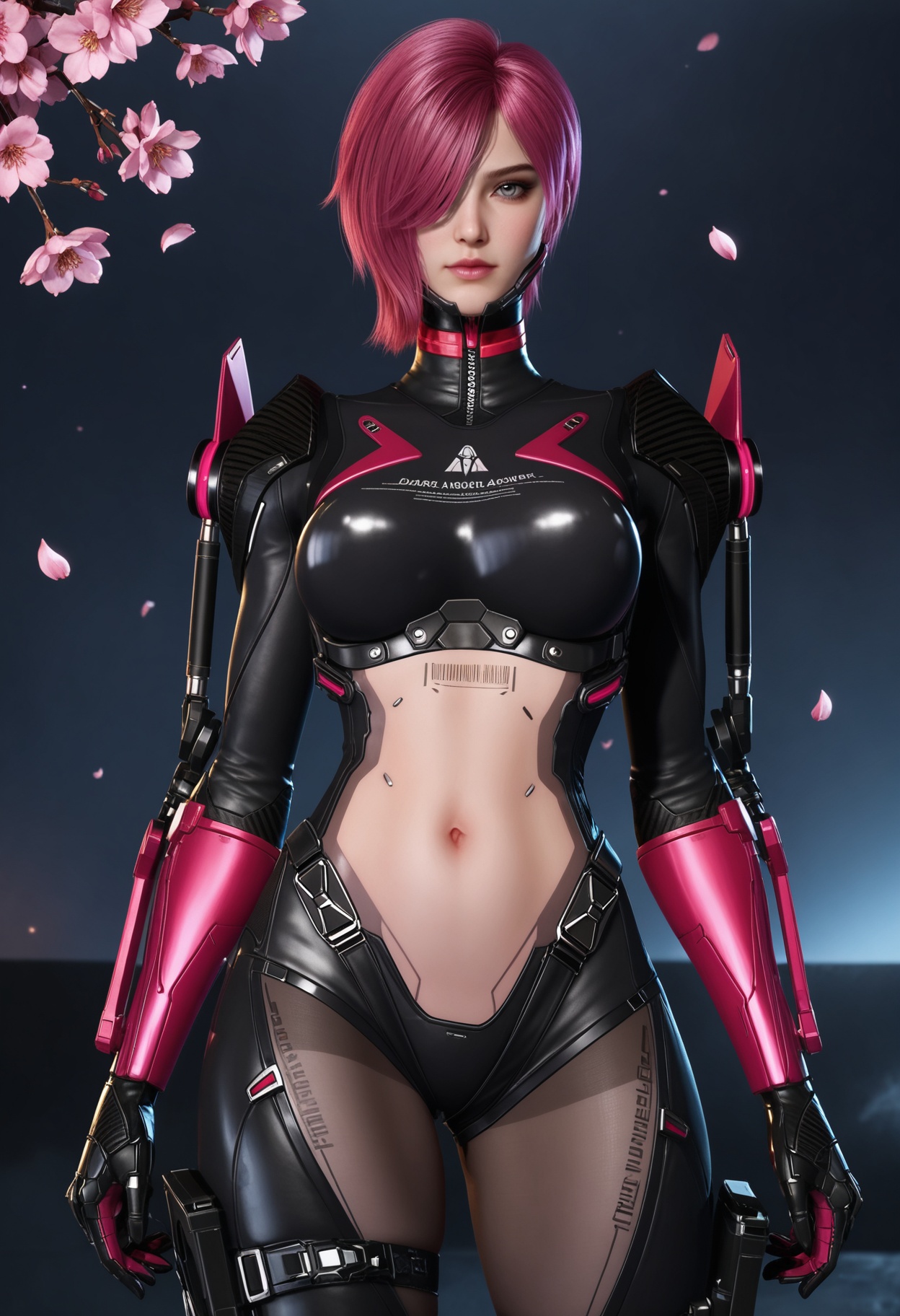 (upper_body:1.2),looking at viewer:1.1,masterpiece,(best quality),smog,Dark room,dim lighting,peach blossom,falling petals,<lora:YQ_Illustrious光辉v5_缇娜_V1:0.8>,q1528437228,1girl,solo,pink hair,short hair,bodysuit,hair over one eye,gloves,blue eyes,red hair,black bodysuit,boots,holster,armor,eyepatch,skin tight,tattoo,mechanical arms,thighhighs,one eye covered,cyborg,thigh strap,thigh holster,grey eyes,high heels,purple hair,thighs,crop top,