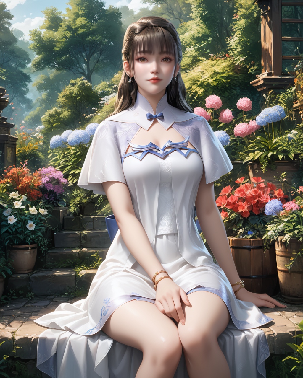 <lora:wy_zichuanning_XL5.0:0.8>,1girl,solo,dress,white dress,long hair,bracelet,jewelry,looking at viewer,black hair,brown hair,outdoors,gaden,flower,sitting,thick_thighs,, score_9,score_8_up,score_7_up,score_6_up,score_5_up,score_4_up,