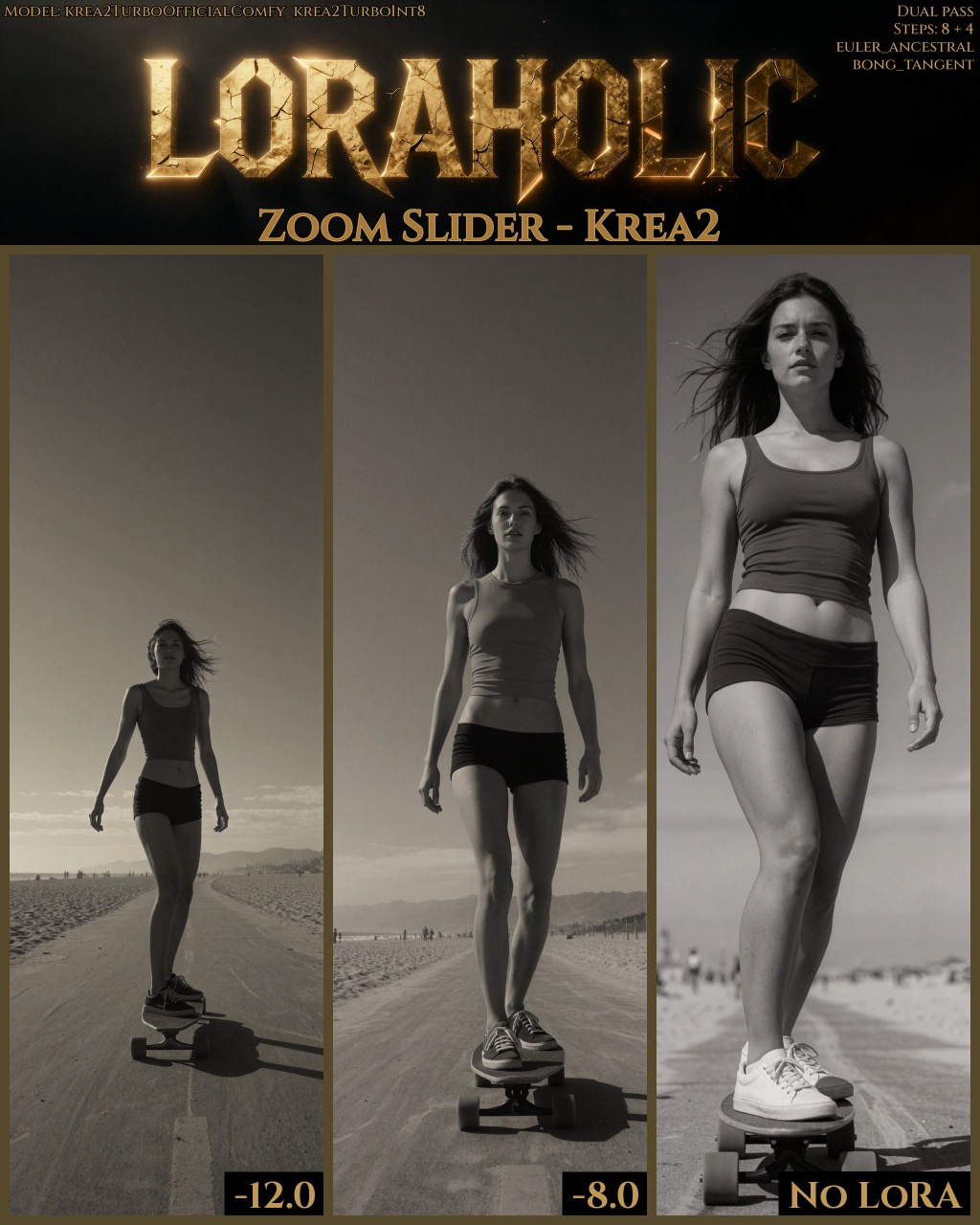 A candid monocrome photo captures a 20-year-old woman in a fitted sports top and low-rise shorts longboarding on a beach p...