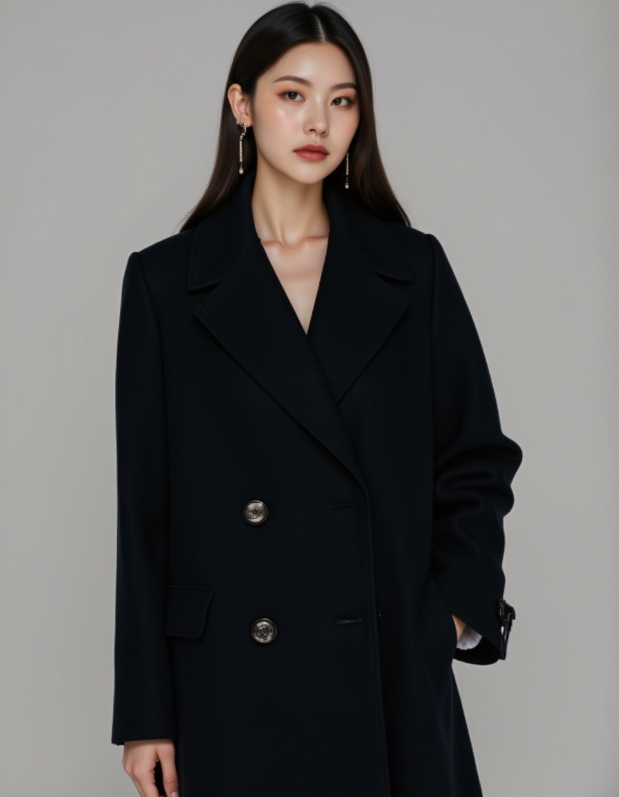 a real picture of a south korea woman,in Belted wool coat in a sleek\(black design\),