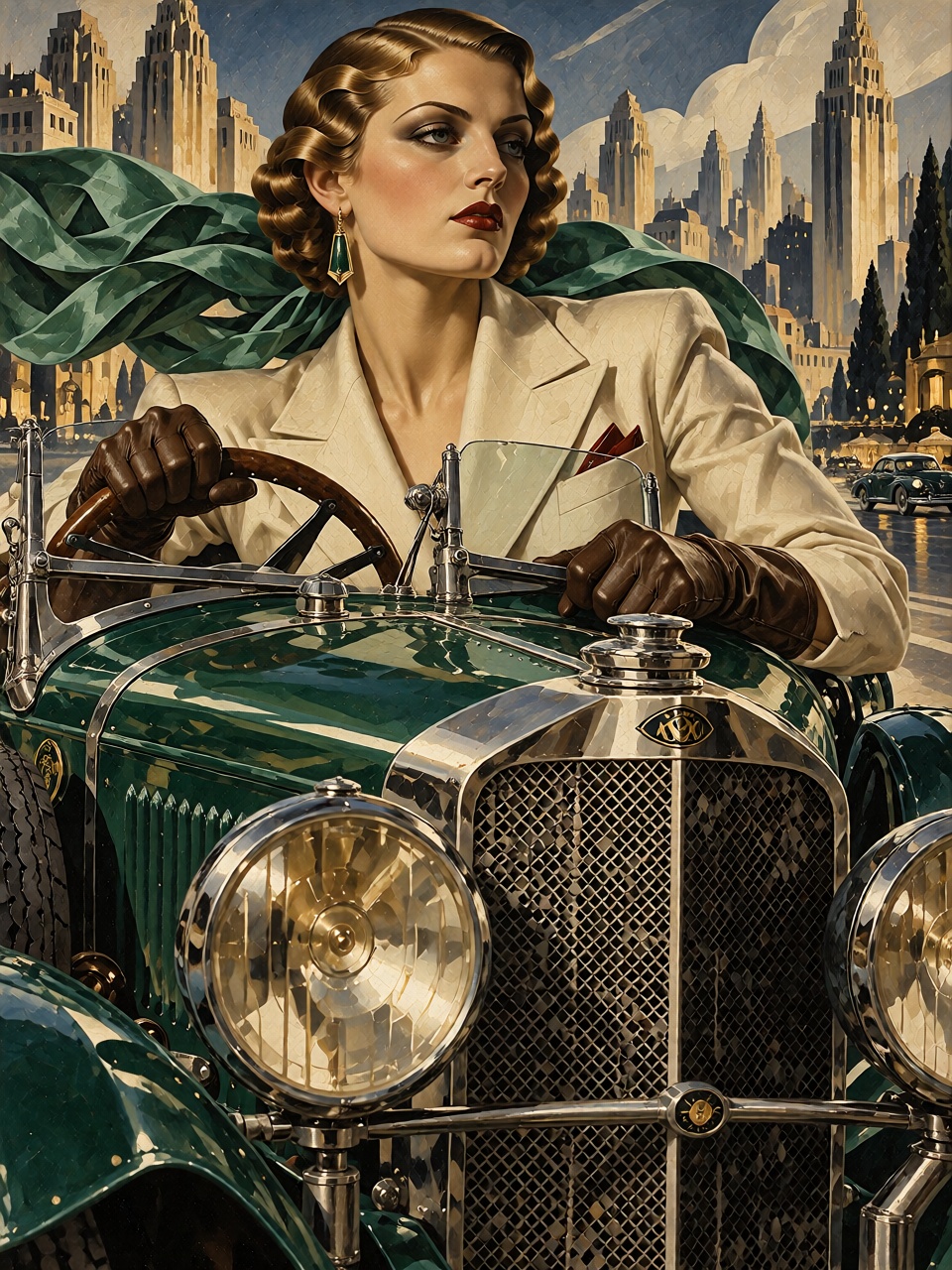 A glamorous woman driving a powerful 1930s emerald-green roadster through the streets of Paris,  wind sweeping her silk sc...